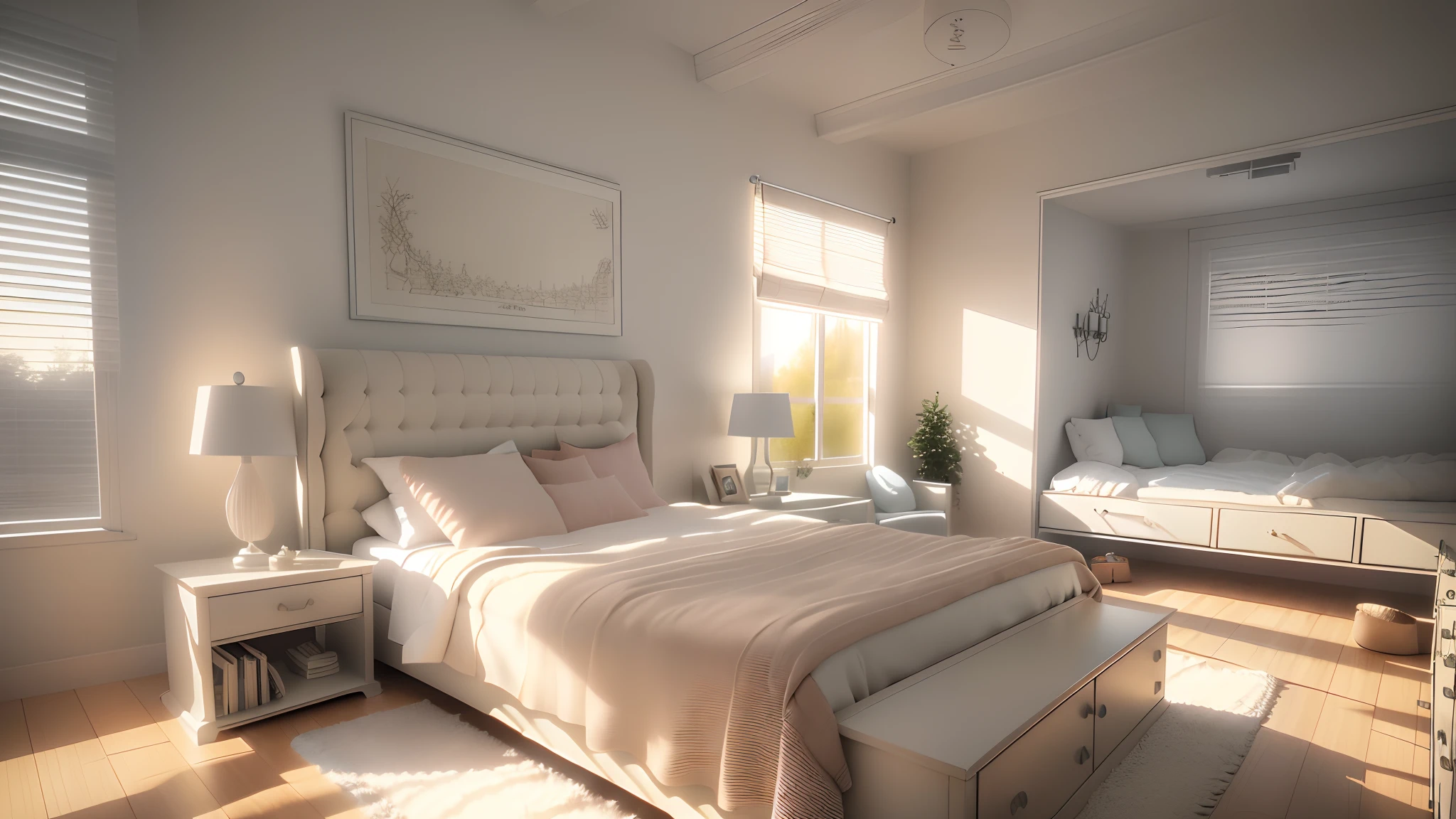 drawing of a bedroom with a bed, dresser, and a window, inside of a bedroom, 3 d point perspective, single point perspective, 2 point perspective, 2 - point perspective, 1-point perspective, one point perspective, multiple point perspective, point perspective, two point perspective, an interior of room, one-point perspective, 3 point perspective, 3-point perspective