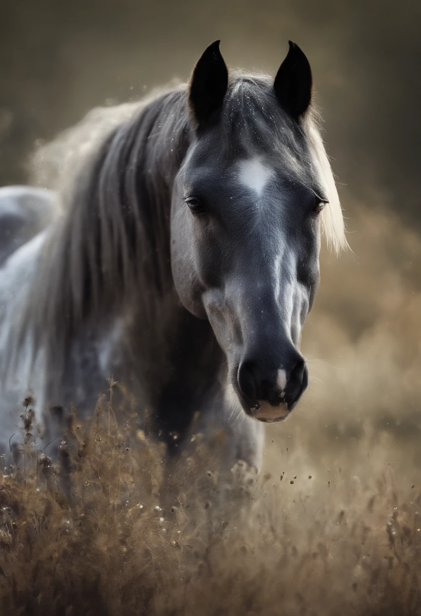 Absurd, High Resolution, Ultra-detailed, (1 girl:1. 2), Dot painting technique, Dotted shadows, intricate details, Small dots, Texture effects, subtle gradients, Fascinating craftsmanship, Infrared photography, Otherworldly tones, Surreal landscapes, Invisible light, ethereal glow, Vivid colors, Phantom effects,hoary,Big horse,white,grey,lether color nose, light grey mane,black eyes, stable behinde,