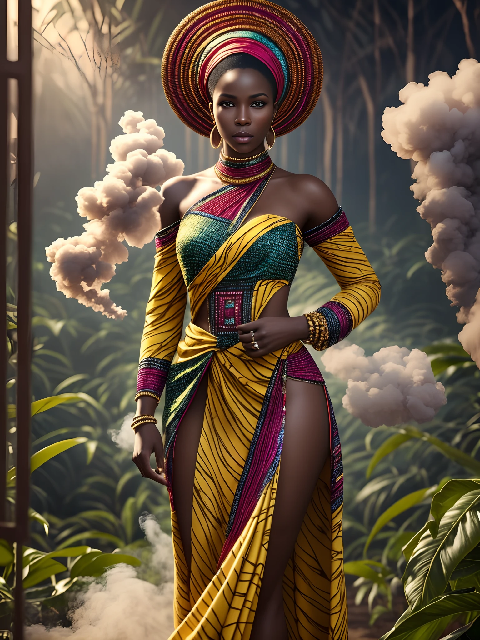 by royo, hyperdetailed, hyperrealistic, full body shot of an African woman, in an African outfitwith vibrant colors, exaggerated shoulder pads, and bold accessories. Striking a powerful pose with an intense gaze, surrounded by a halo of smoke in tones that enhance her expression. Standing in a banana plantation with the smoke mimicking waves, matching the colors of her outfit. Perfect composition, exquisite attention to small details, realistic reflections, UHD, 32k, ultra-detailed texture, volumetric light, cinematic effects, masterpiece, trending on ArtStation, Octane 3D rendering --auto --s2