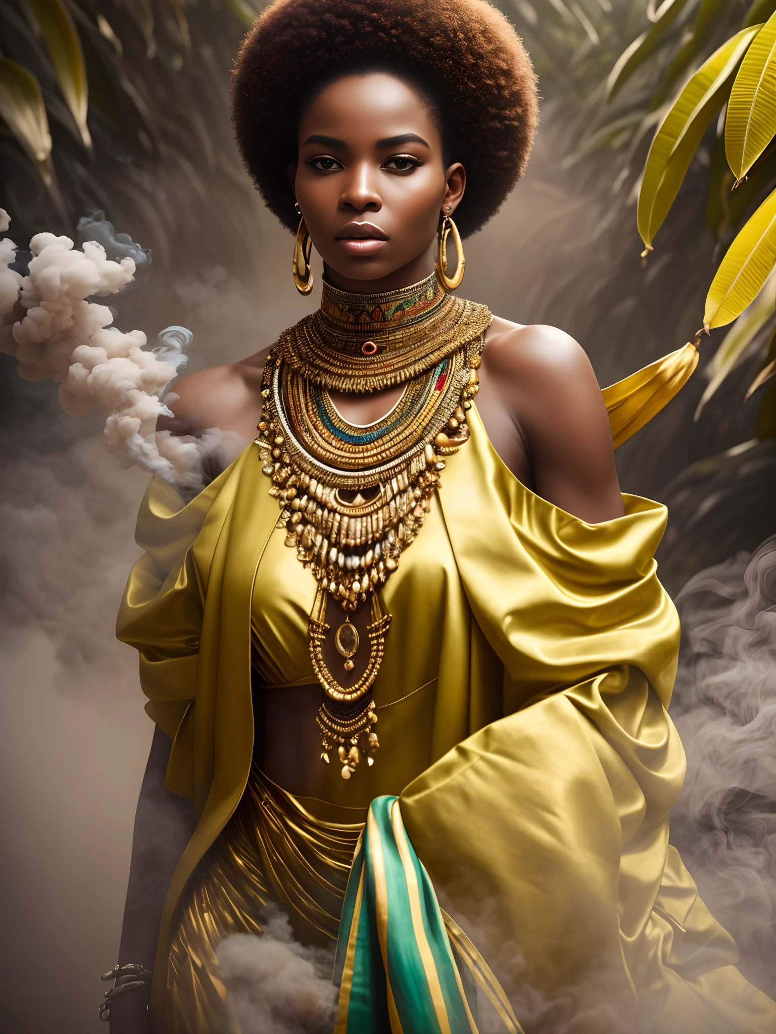 by royo, hyperdetailed, hyperrealistic, full body shot of an African woman, in an African outfitwith vibrant colors, exaggerated shoulder pads, and bold accessories. Striking a powerful pose with an intense gaze, surrounded by a halo of smoke in tones that enhance her expression. Standing in a banana plantation with the smoke mimicking waves, matching the colors of her outfit. Perfect composition, exquisite attention to small details, realistic reflections, UHD, 32k, ultra-detailed texture, volumetric light, cinematic effects, masterpiece, trending on ArtStation, Octane 3D rendering --auto --s2