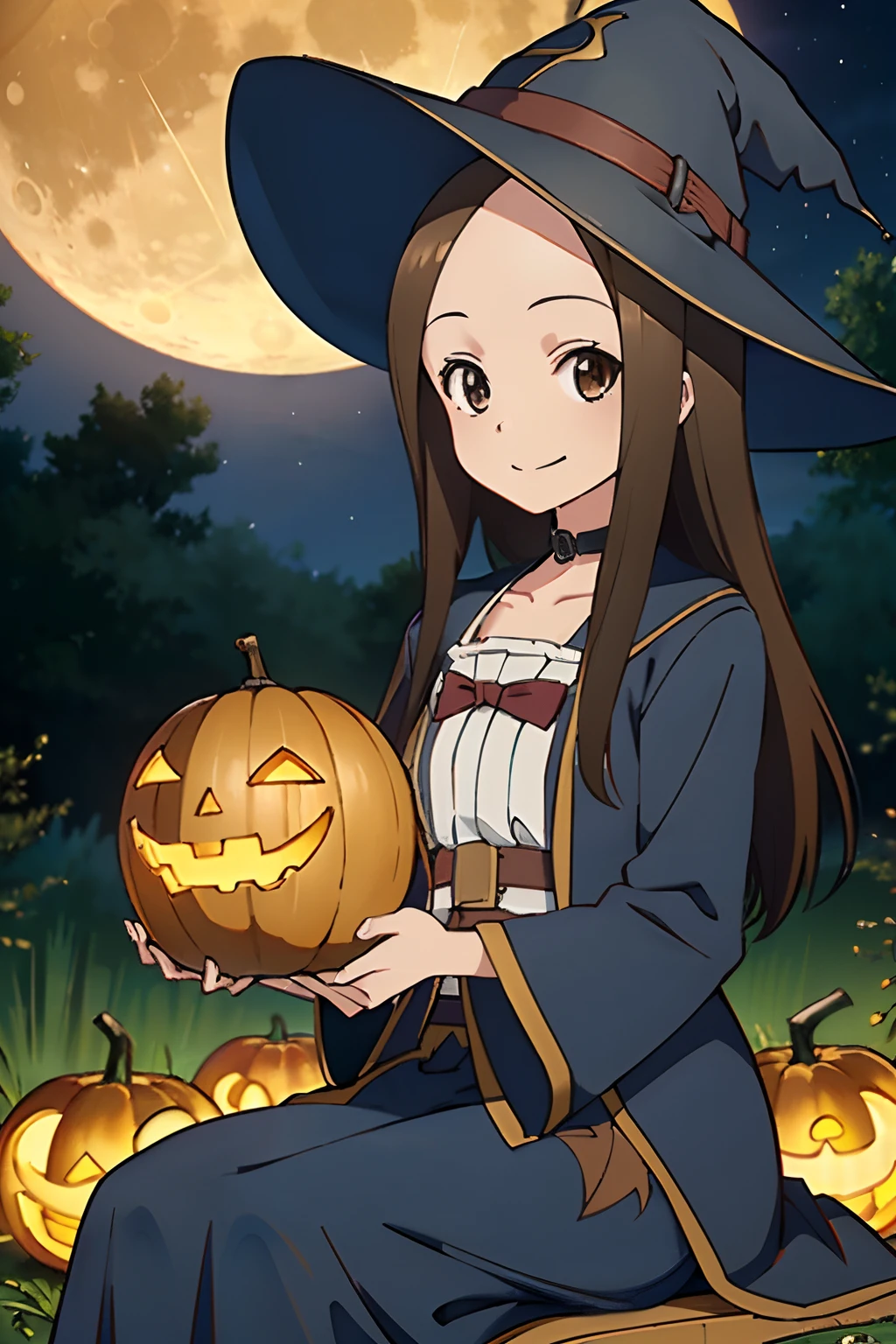 (Realistic),(Photorealistic),Takagi_San, 1girl in, Long hair,((Witch's attire)), Black pointy hat，Brown hair, Part bangs, Brown eyes, black robes，Long sleeves, Smile, Looking at Viewer,((Sit on a broom in the air)）, masutepiece,Full body,Witch Cosplay， Best Quality, the Extremely Detailed CG Unity 8K Wallpapers,Smile,natta，((Big full moon in the background)),(Lots of jack lanterns), A flock of small bats in flight，Halloween，Fantasy, breezing， magic sparks,