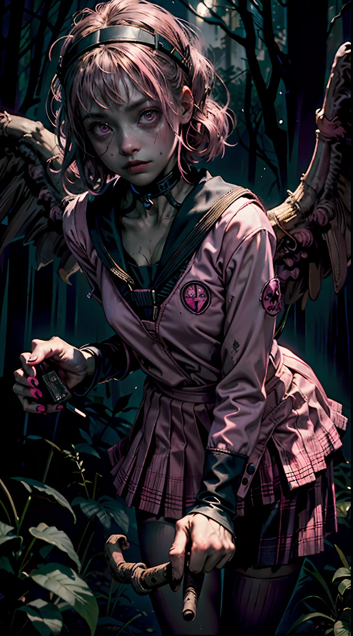 creepy girl, (pink school uniform:1.4), spooky woods, lost in dark wood, (at night:1.2), monsters, glowing eyes, (flawless skin:1.2), DarkWoodsStyle