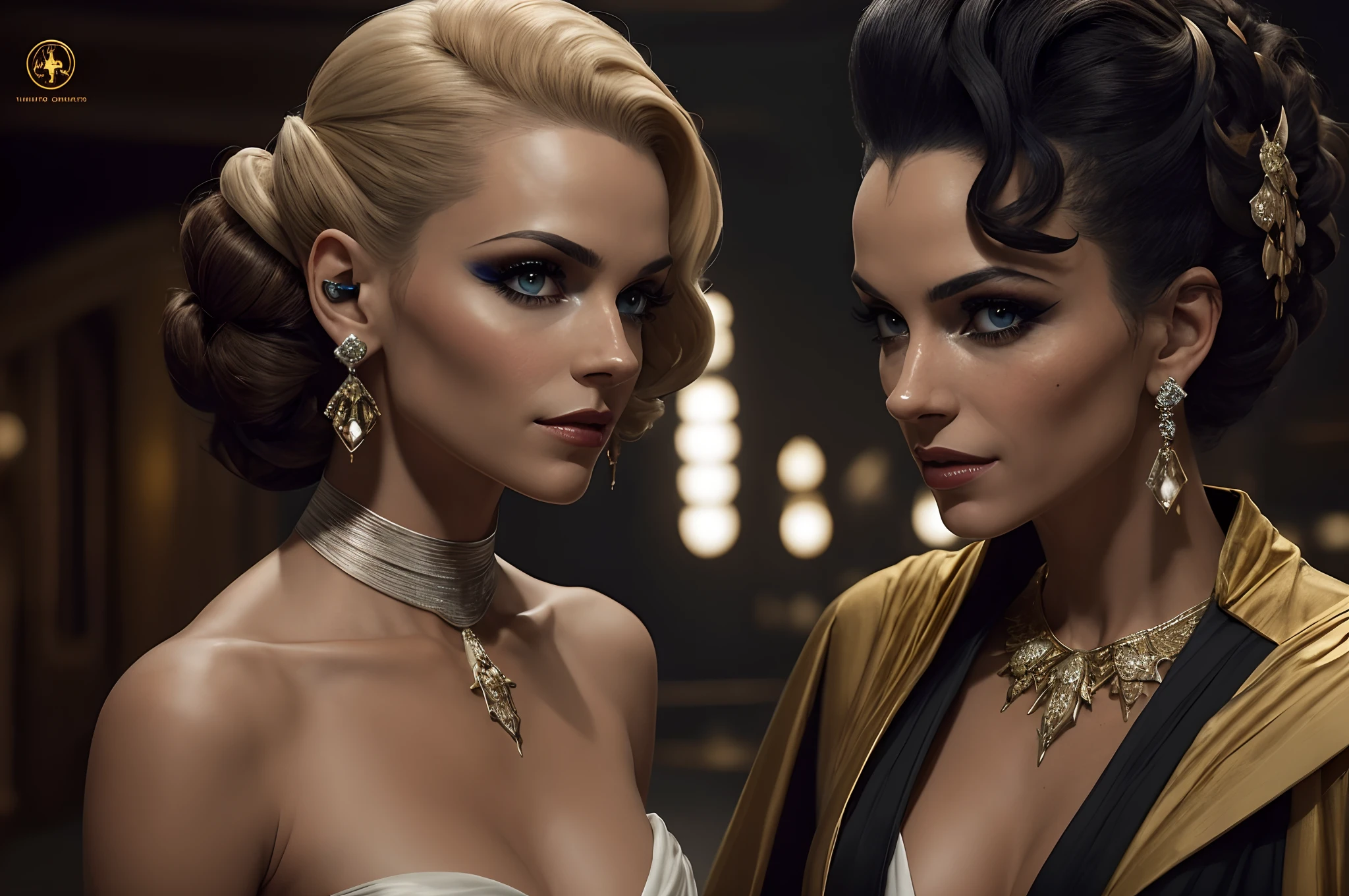 Movie scene, star wars, TV retro 1978 filtro vintage, live action, Mujer de piel negra, cabello ondulado negro con peinado extravagante, vestido blanco y velo de encaje blanco, joyas extravagantes, aretes circulares dorados grandes y collar con colgante de ojo, maquillaje dorado, corona de espinas doradas.