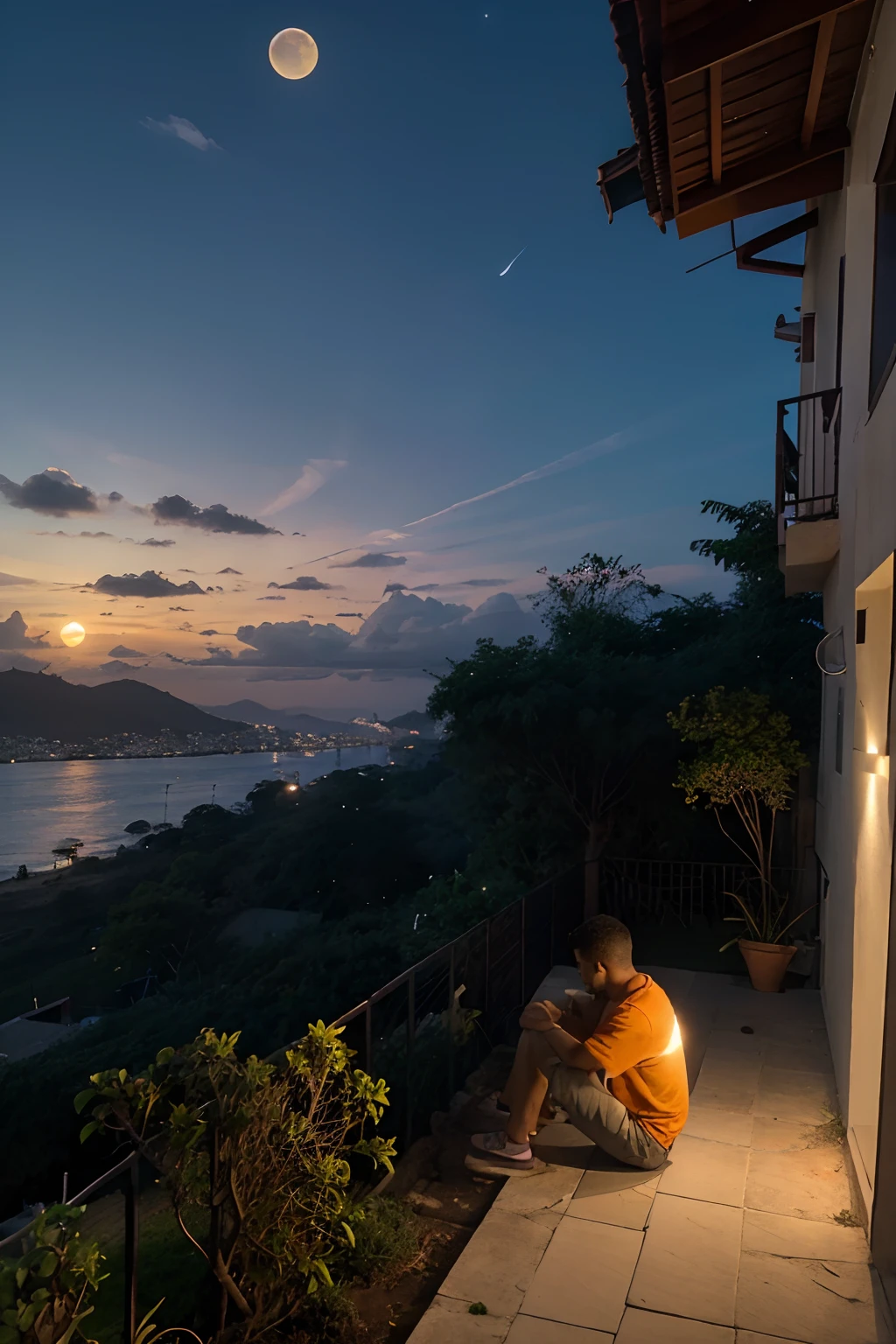 Em uma vila, um jovem andava pelo jardim de uma casa na beira de um rio, Looking at the moon in the sky with orange and purple rays
