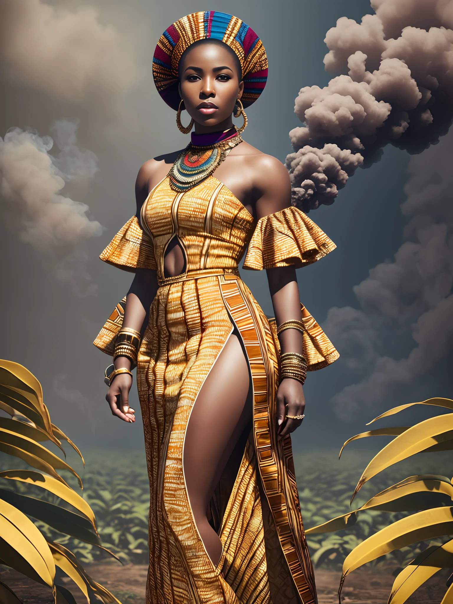by royo, hyperdetailed, hyperrealistic, full body shot of an African woman, in an African outfitwith vibrant colors, exaggerated shoulder pads, and bold accessories. Striking a powerful pose with an intense gaze, surrounded by a halo of smoke in tones that enhance her expression. Standing in a banana plantation with the smoke mimicking waves, matching the colors of her outfit. Perfect composition, exquisite attention to small details, realistic reflections, UHD, 32k, ultra-detailed texture, volumetric light, cinematic effects, masterpiece, trending on ArtStation, Octane 3D rendering --auto --s2