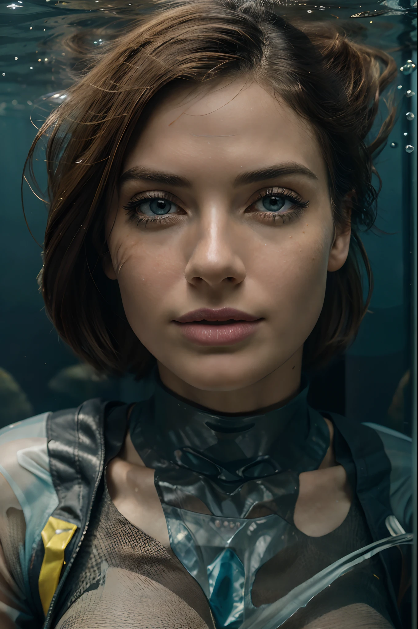 (8k, ARTISTIC photography, best quality, masterpiece: 1.2)  woman in an underwater transparent spacesuit, (luminous deep sea creatures around her:1), over-detailed face, beautiful body, voluptuous, luminous carp tattoos, best quality, sunlight, detailed face, gorgeous eyes, realistic skin details, high quality, seen from below, romantic, high quality, film grain, Cinematic Light, sidelighting, sharp focus