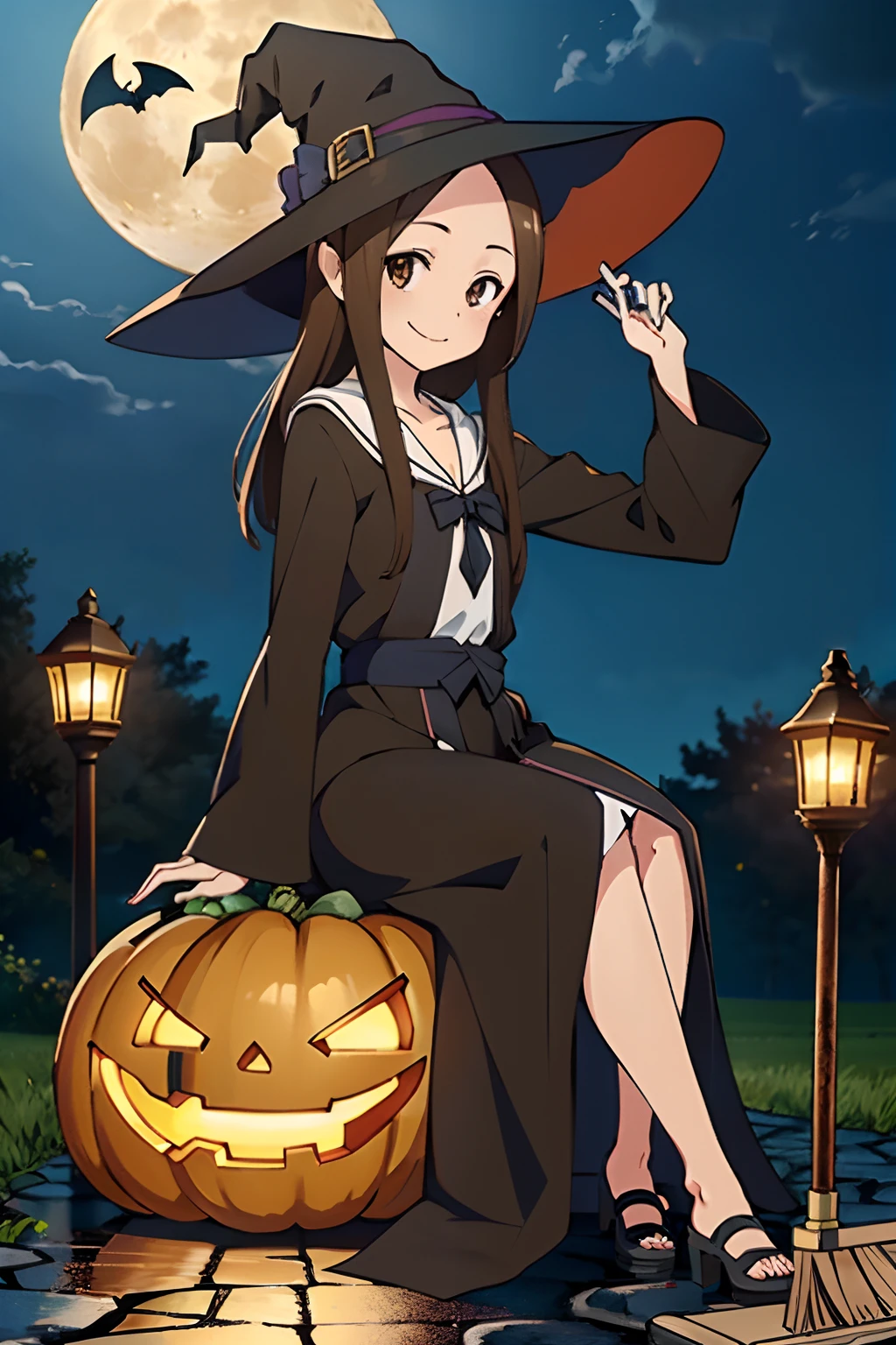 (Realistic),(Photorealistic),Takagi_San, 1girl in, Long hair,((Witch's attire)), Black pointy hat,Brown hair, Part bangs, Brown eyes, black robes,Long sleeves, Wink,Smile, Looking at Viewer,((Sit on a broom in the air)), masutepiece,Full body,Witch Cosplay, Best Quality, the Extremely Detailed CG Unity 8K Wallpapers,Smile,natta,((Big full moon in the background)),(Lots of jack lanterns), A flock of small bats in flight,Halloween,Fantasy, breezing, magic sparks,
