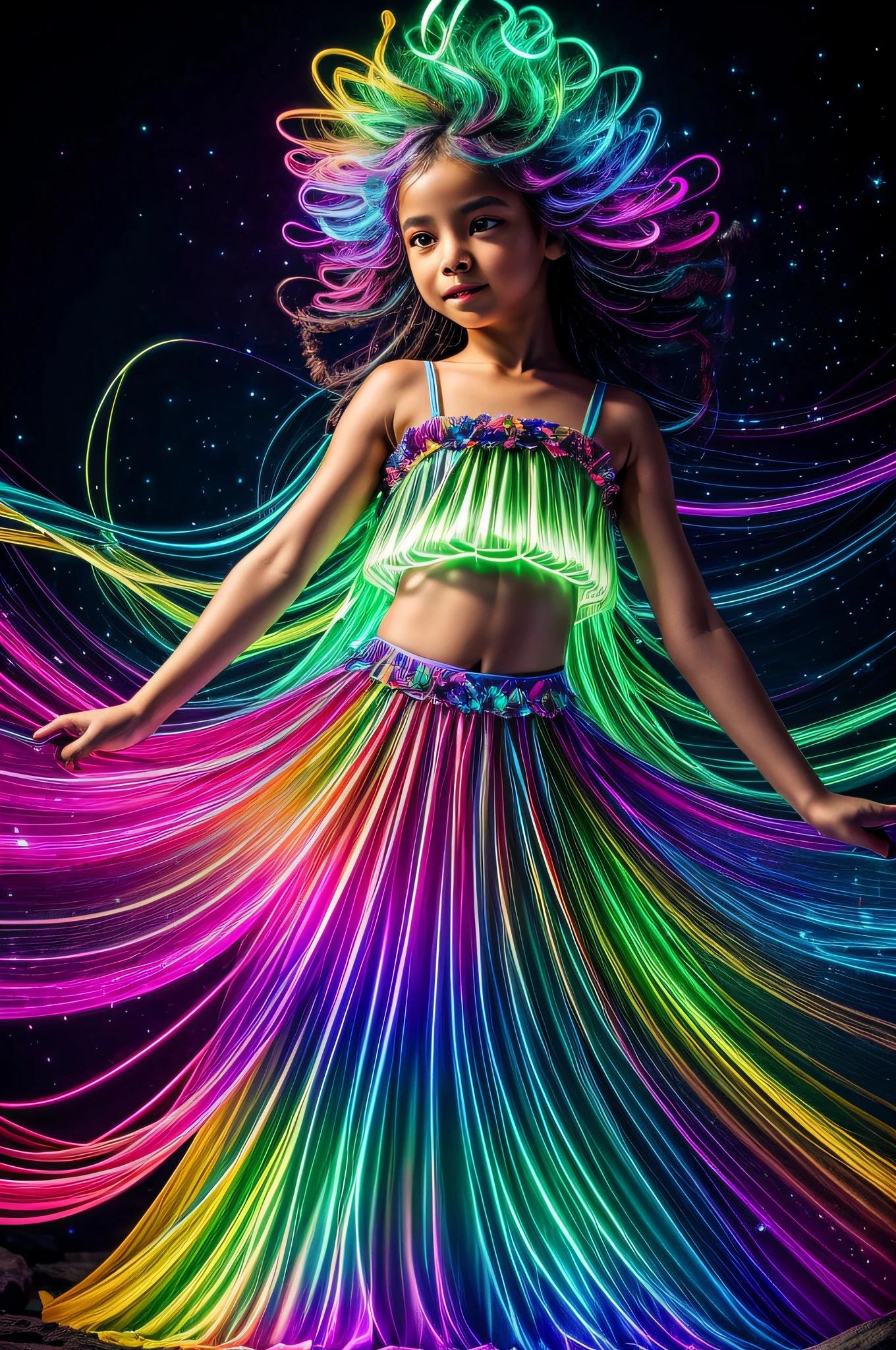 In a mesmerizing display of bioluminescent brilliance, A radiant little girl emerges glowing with vibrant hues that dance and swirl like rainbow illuminated ribbons. Como ela se move, Its luminous presence paints the world with cascades of enchanting rainbow colors, casting a spell of awe and awe upon all who behold its ethereal beauty.