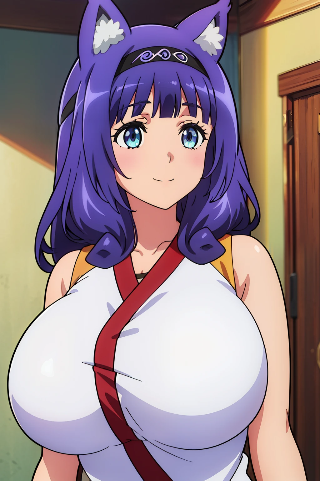 anime cels style, best quality, high resolution,1girl, hitamu_kyan_futokunoguild, purple_hair, bangs, animal_ears, animal_ear_fluff, blunt_bangs, hairband, blue_eyes, long_hair, cat_ears, (huge breasts:1.2), smile