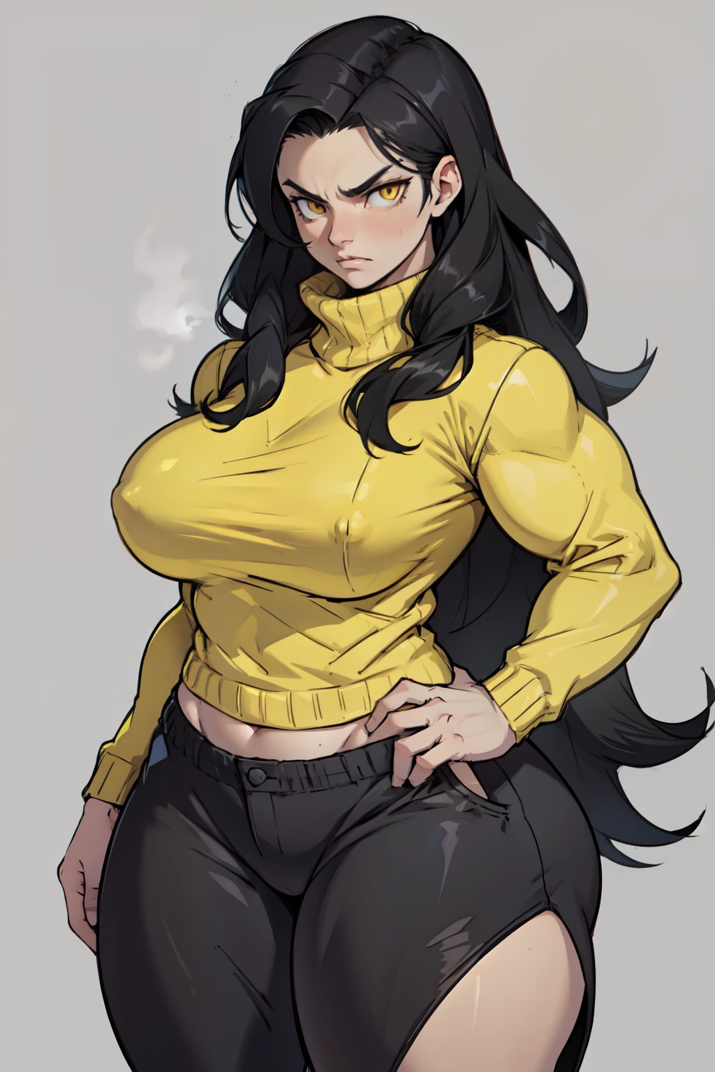 ((grey background)) 1girl black hair yellow eyes very long hair pale skin angry ((muscular toned body)) thick thighs huge breasts curvy wide hips sweater sweatpants