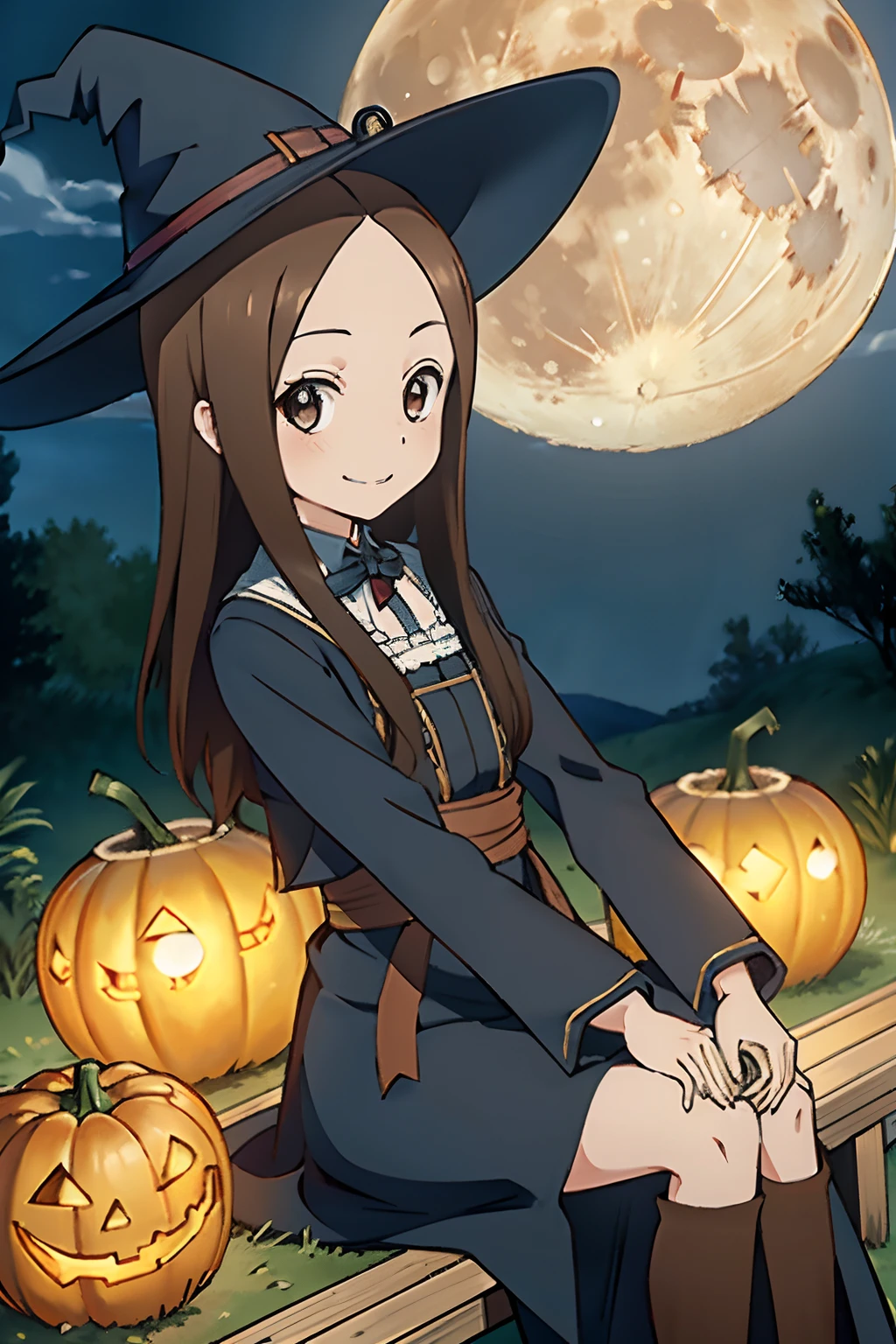 (Realistic),(Photorealistic),Takagi_San, 1girl in, Long hair,((Witch's attire)), Black pointy hat，Brown hair, Part bangs, Brown eyes, black robes，Long sleeves, Smile, Looking at Viewer,((Sit on a broom in the air)）, masutepiece,Full body,Witch Cosplay， Best Quality, the Extremely Detailed CG Unity 8K Wallpapers,Smile,natta，((Big full moon in the background)),(Lots of jack lanterns), A flock of small bats in flight，Halloween，Fantasy, breezing， magic sparks,