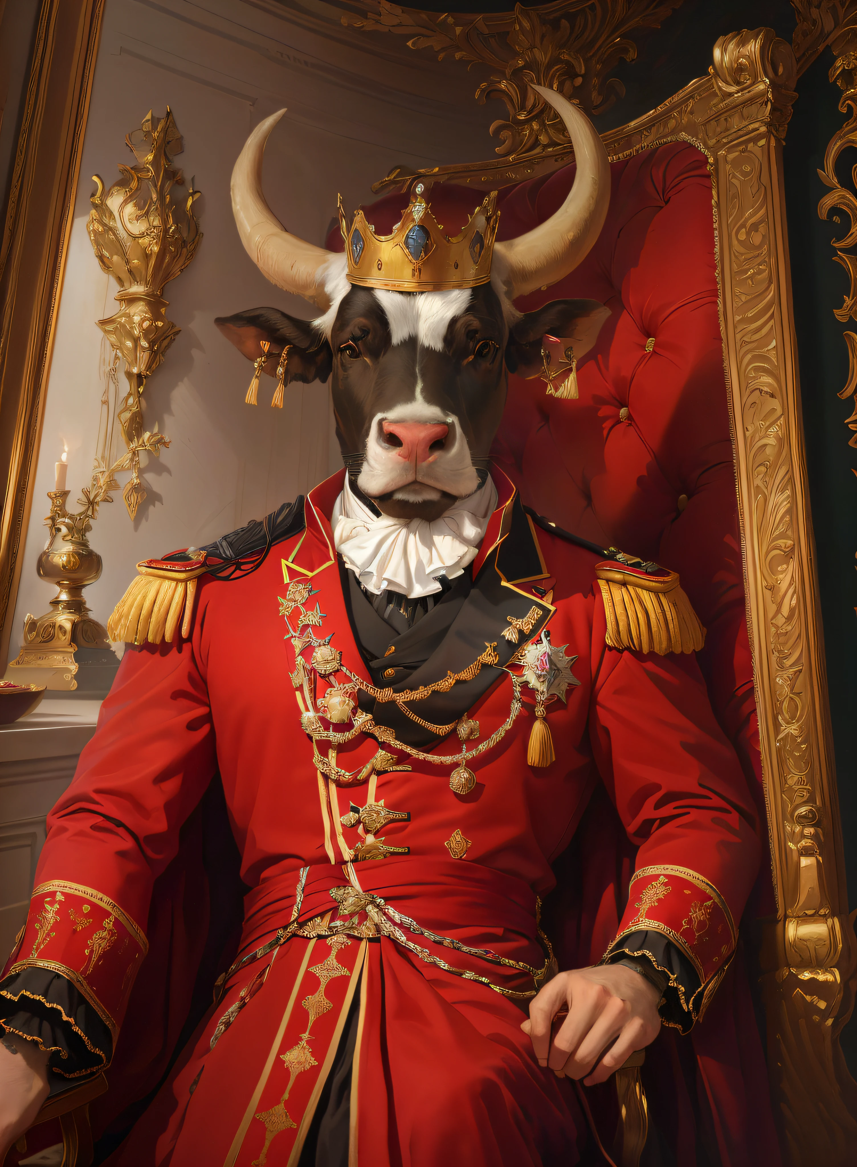 Dressed in red aristocratic clothing，Arapei sits in a red chair wearing a crown, majesty in noble clothes, royal portrait, Inspired by Horace Vernet, inspired by Nicolaes Maes, portrait of a king, royal portrait painting, royal emperor, Inspired by Nicolas Eliasson Pikenoi, author：Thomas Dazier, dignified aristocrat, The royal costume head is a bull's head, And the body is the human body realistic Unreal Engine 5