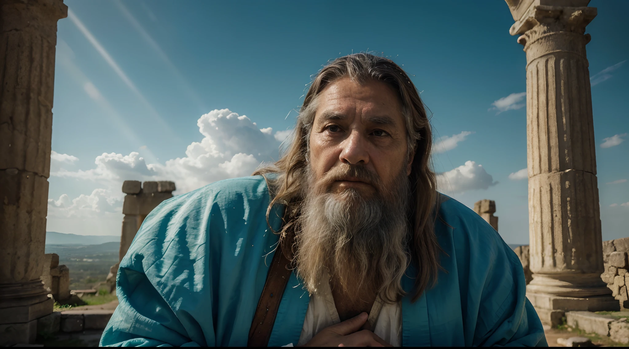 (best quality,4k,8k,highres,masterpiece:1.2),ultra-detailed,realistic,old man with long white beard and robe,ancient times,biblical,turquoise color palette,soft lighting,medium:oil painting,aged face,wise eyes,weathered hands,angelic aura,detailed wrinkles,holding a staff,serene expression,sacred atmosphere,religious symbolism,heavenly background,dark clouds with rays of light,ancient ruins in the distance,peaceful and mystical ambiance,profound wisdom,divine guidance.