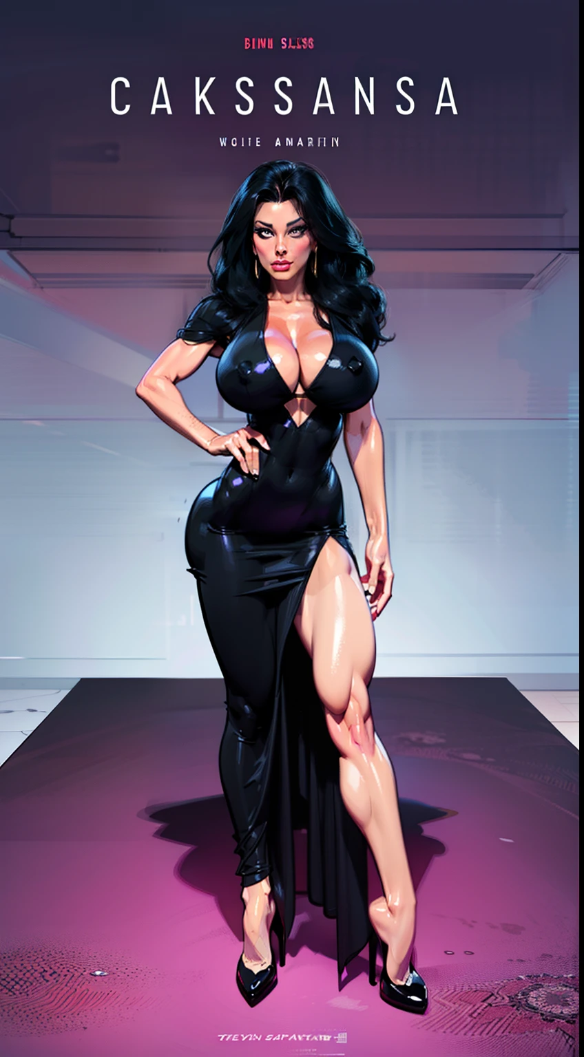 ((full body view:1.2)), Elvira The Mistress of Darkness (Cassandra Peterson), (big hair:1.1), pale skin, (white skin:1.5), ((front view:1.3)), pale face, (puffy lips:1.4),,(black dress), ((long dress over legs:1.2)), ((dress covers legs:1.1)), (gigantic breasts:1.4), design sheet, masterpiece, (slendered abs:1.2) ,detailed , shiny skin, beautiful lighting from the side, harsh light,epic pose, dynamic movie poster