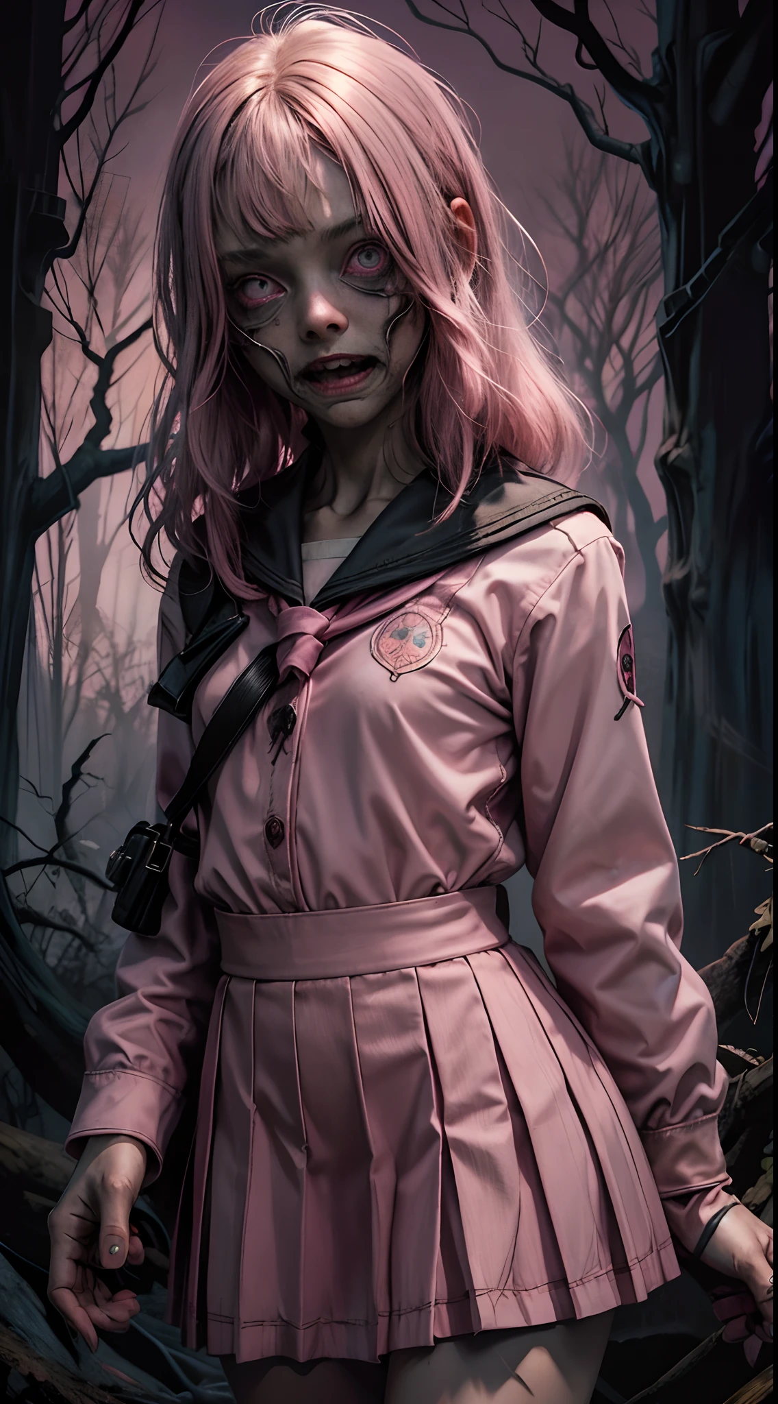 creepy girl, (pink school uniform:1.4), spooky woods, lost in dark wood, (at night:1.2), monsters, glowing eyes, (flawless skin:1.2), DarkWoodsStyle