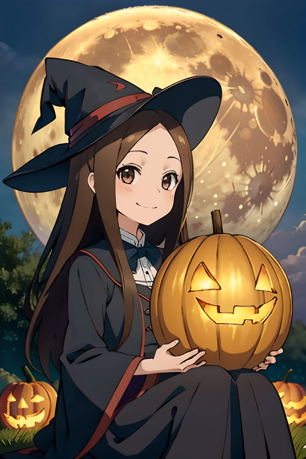 (Realistic),(Photorealistic),Takagi_San, 1girl in, Long hair,((Witch's attire)), Black pointy hat,Brown hair, Part bangs, Brown eyes, black robes,Long sleeves, Smile, Looking at Viewer,((Sit on a broom in the air)), masutepiece,Full body,Witch Cosplay, Best Quality, the Extremely Detailed CG Unity 8K Wallpapers,Smile,natta,((Big full moon in the background)),(Lots of jack lanterns), A flock of small bats in flight,Halloween,Fantasy, breezing, magic sparks,