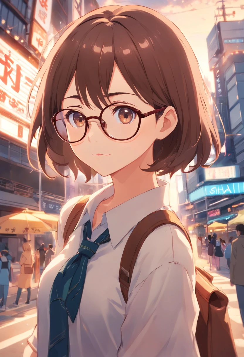 Anime girl with brown hair and glasses, con tetas enormes, pezones erectos, excitada
