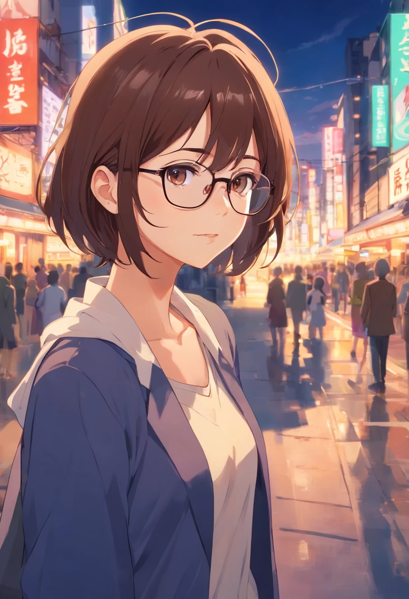 Anime girl with brown hair and glasses, con tetas enormes, pezones erectos, excitada