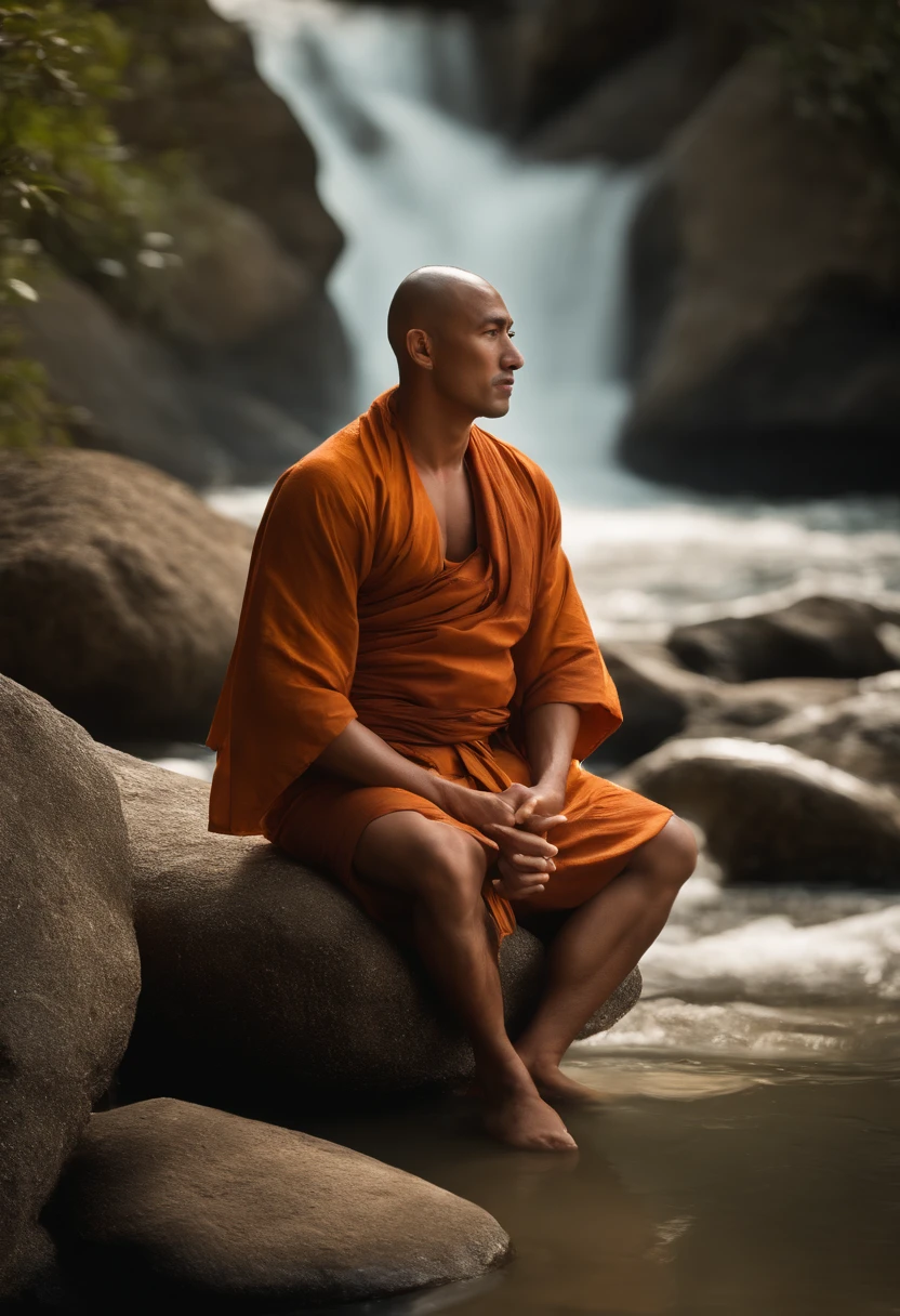 A Buddhist monk meditating By the stream, his coral-colored threads are coming out The facial expression is peaceful, cinematic lighting hyper realistic super details skin texture is very detail, A ultra realistic photo of an insanely bold and handsome monk 30 years old, extremely sexy and attractive hunk fisherman by the ocean, full body, very hairy body, big beefy man, ripped checkered, exposed hairy body, big bulge, tanned, raunchy, toned body, beach, running, dynamic action shot, summer, sunny, soft lighting, muscular, extremely seductive, kind smirk, dimple, fishing tools, boats, in the style of Mario Testino, central composition, big nose, big hands, light brown hair, insanely handsome.