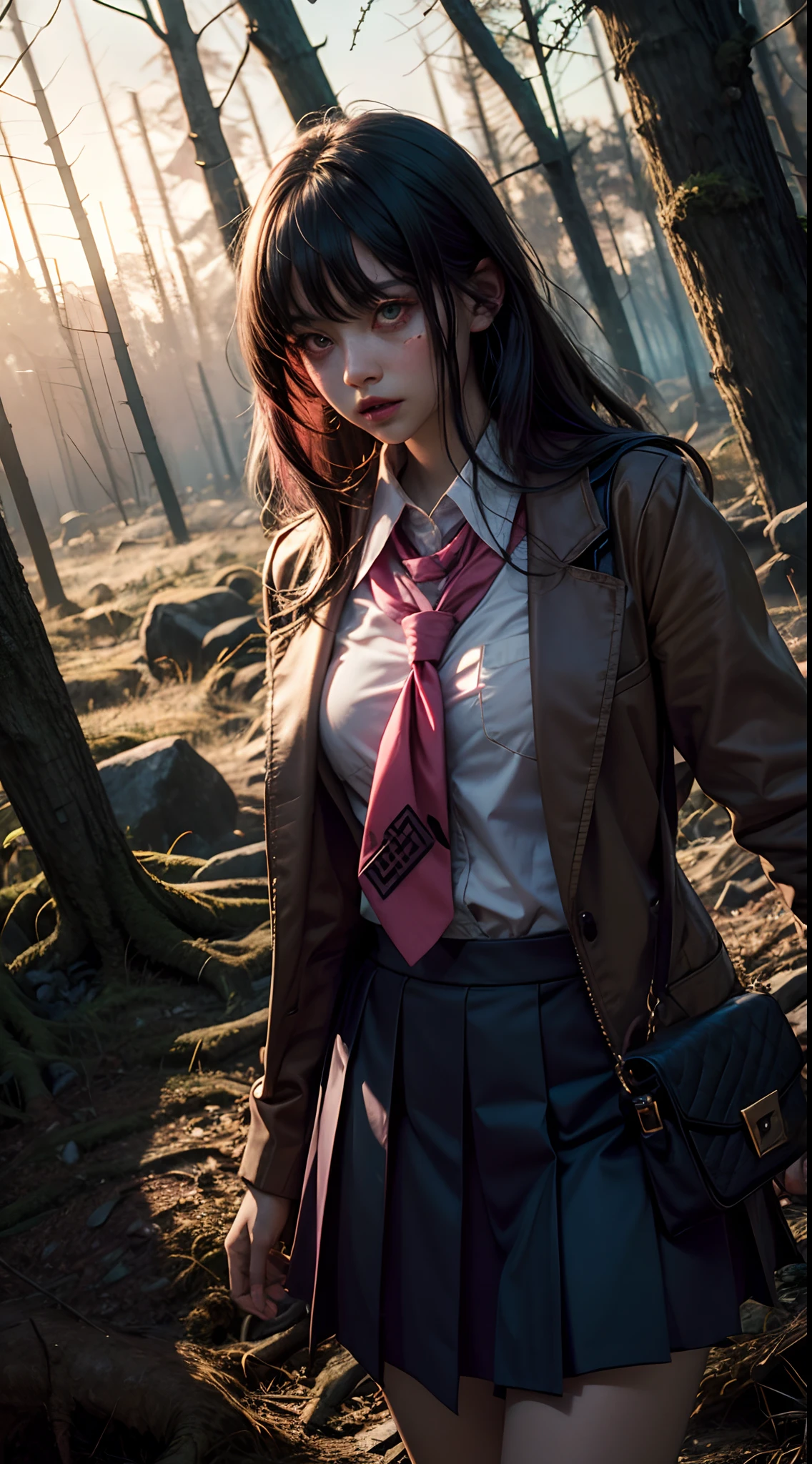 creepy momo girl, (pink school uniform), spooky woods, lost in dark wood, (at night:1.2), monsters, glowing eyes, (flawless skin:1.2)