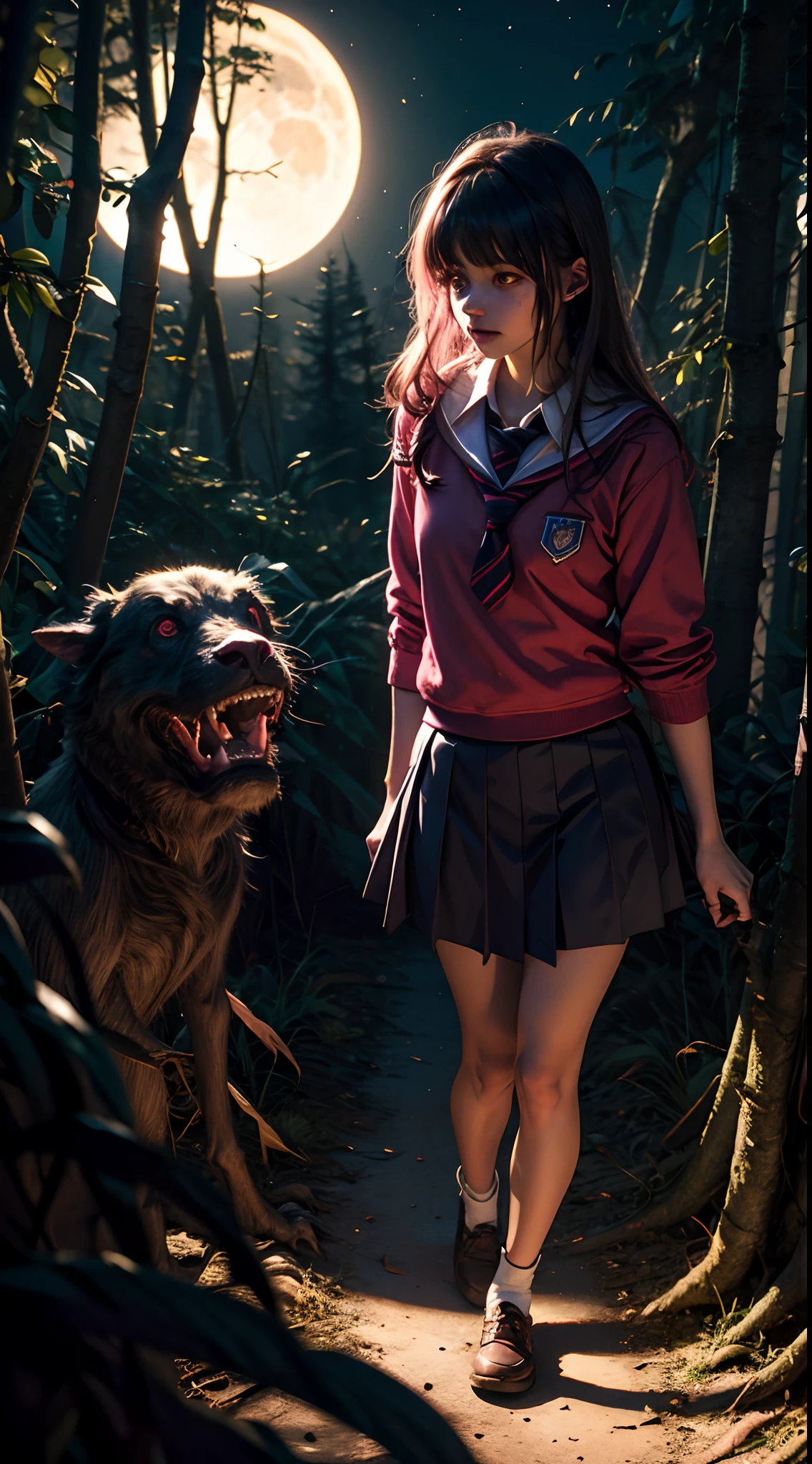 creepy momo girl, (pink school uniform), spooky woods, lost in dark wood, (at night:1.2), monsters, glowing eyes, (flawless skin:1.2)