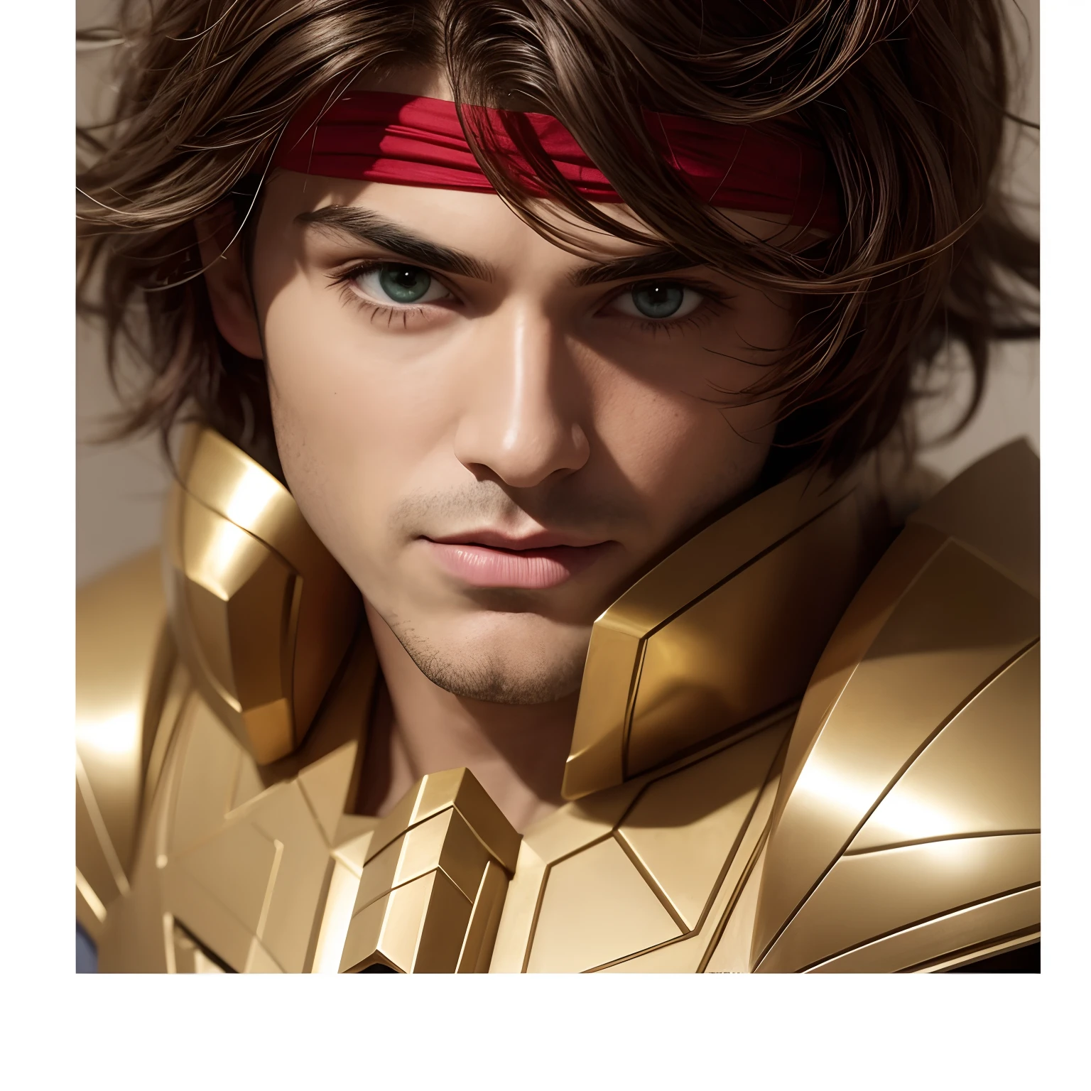 cinemactic, incrivelmente detalhado e ultrarrealista, Sagitarius aiolos de Saint Seiya. fechar para cima. He's wearing a very realistic golden suit of armor. armadura dourada brilhante. Octane is the perfect tool to capture the softest details of this 16k photography masterpiece. He's a handsome Greek man, cerca de 30 anos. 1Homen. beautiful face. rosto detalhado. nariz bonito. (Olhos verdes muito grandes). olhos perfeitos. ((Depilado)). Ele tem cabelos castanhos. cabelos curtos com franja. messy hair. bandana vermelha. masculine traits. ((sem barba)). Bandana vermelho vinho na testa sob franja. (((Shaved))).
