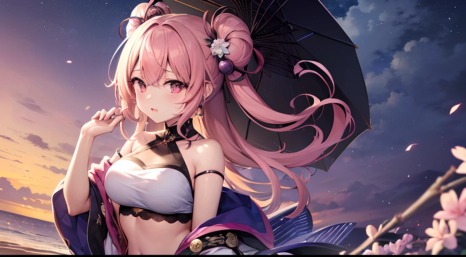 ((Extreme detailing)),(Ultra-detailed), extremely detailed CG unity 8k wallpaper,Best Quality, Masterpiece, Emily_T8, off-shoulder, pink crop top,