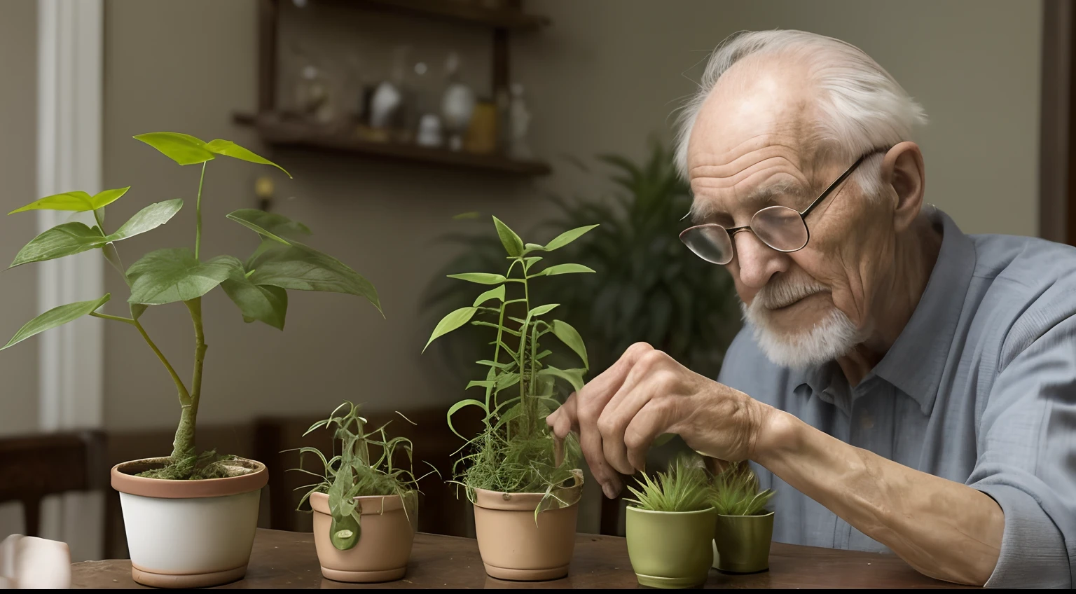 Show Grandpa carefully choosing the two small plants, one delicate and the other sturdy.