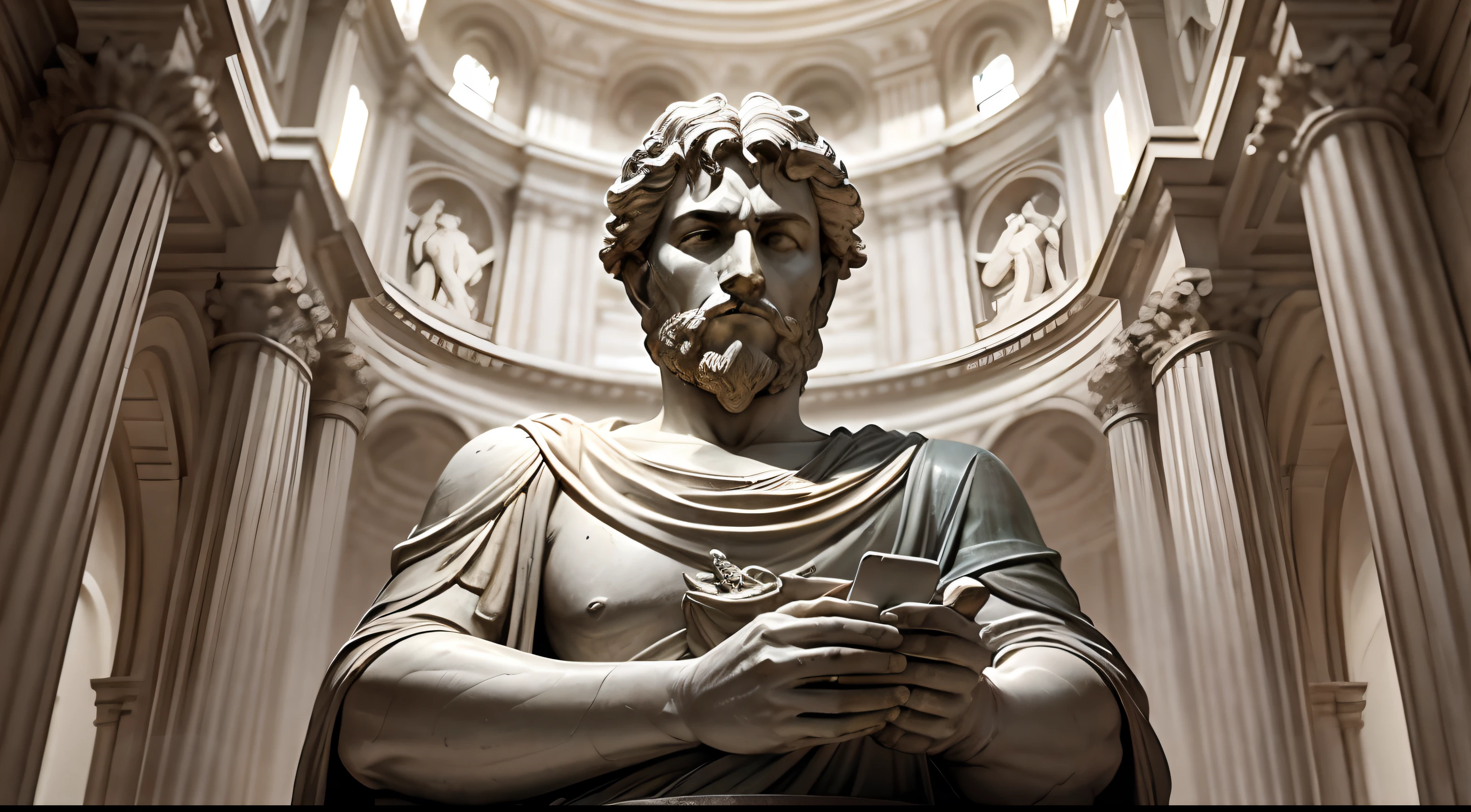 Statue of Marcus Aurelius, Estoicismo, filosofia antiga, marble carving, Noble and wise expression, Imperador Romano, escultura detalhada, Obra-prima atemporal, atmosfera serena e contemplativa, Ancient Roman civilization, Virtudes estoicas, inner strength, Autodisciplina, resilience, philosophical wisdom, Ensinamentos estoicos, ambiente tranquilo do jardim, Tranquil setting, luz solar projetando sombras suaves, Tons dourados, classical beauty, artesanato refinado, Stoic philosopher, olhar profundo, comportamento digno, Symbolic representation of Stoicism, sabedoria duradoura, ideais atemporais de autocontrole e paz interior, Preto e branco