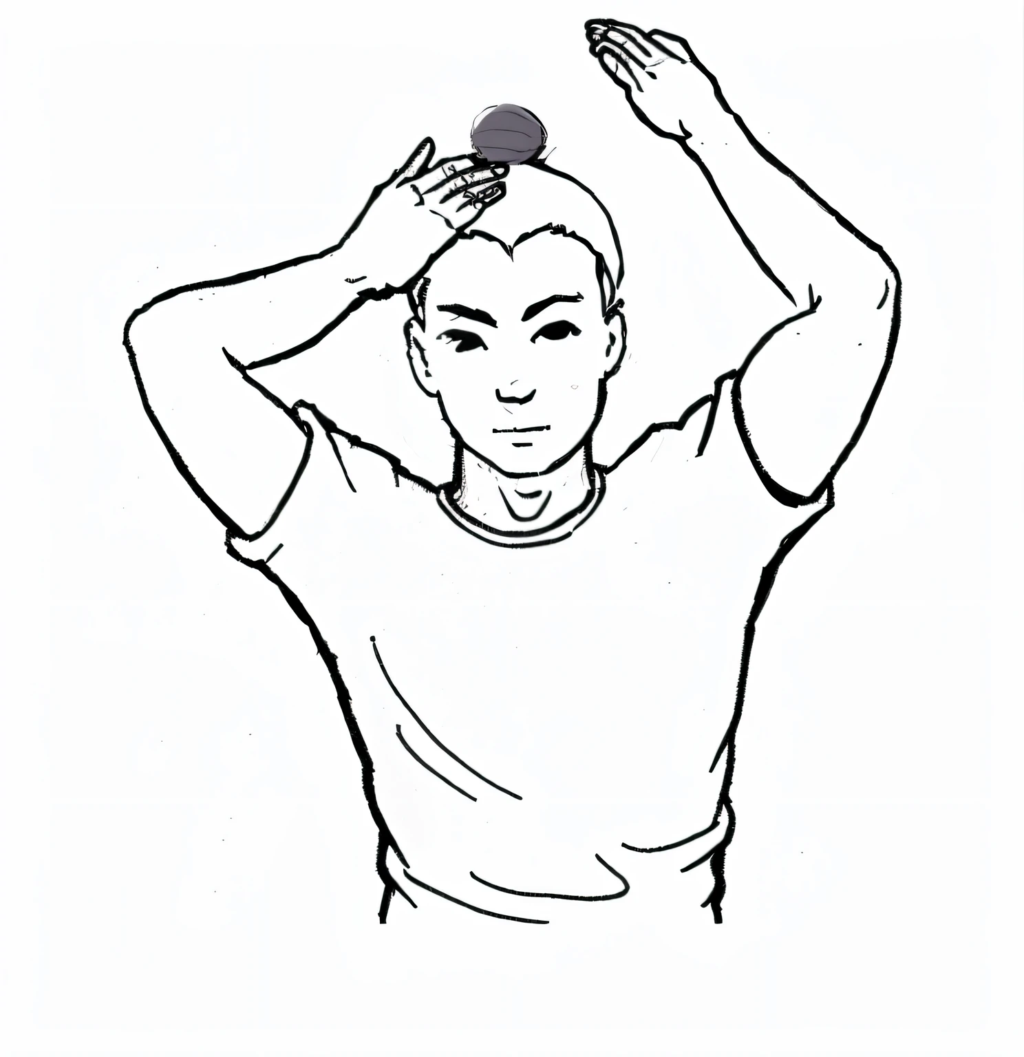 Ball head、male people、The left hand is afraid of the head、Right hand raised