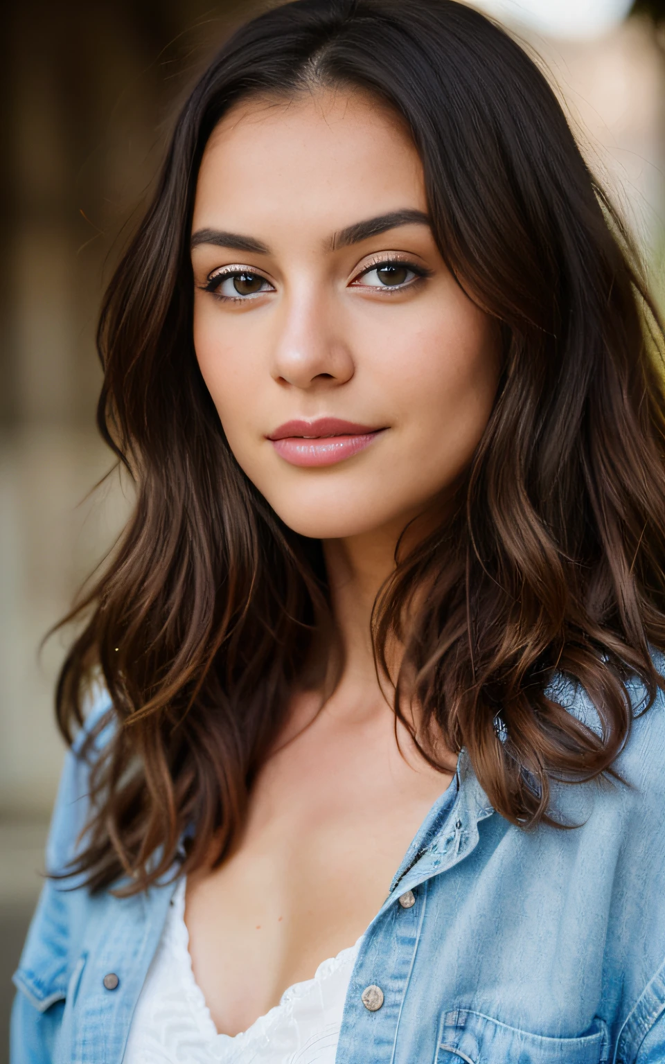 beautiful brunette, Very detailed, 21 ans, visage innocent, natural wavy hair, yeux bleus, High resolution, Masterpiece, Best quality, Intricate details, highly detailed, mise au point nette, detailed skin, realistic skin texture, texture, detailled eyes, professionnel, 4K, sourire charmant, filmed on Canon, 85 mm, faible profondeur de champ,  Couleur Kodak Vision, perfect fit body, Extremely detailed, photographier_\(ultra\), photoreallistic, Realstic, Post-traitement, Maximum details, roughness, real life, ultra realist, photorealism, photographie, 8K UHD, photographie