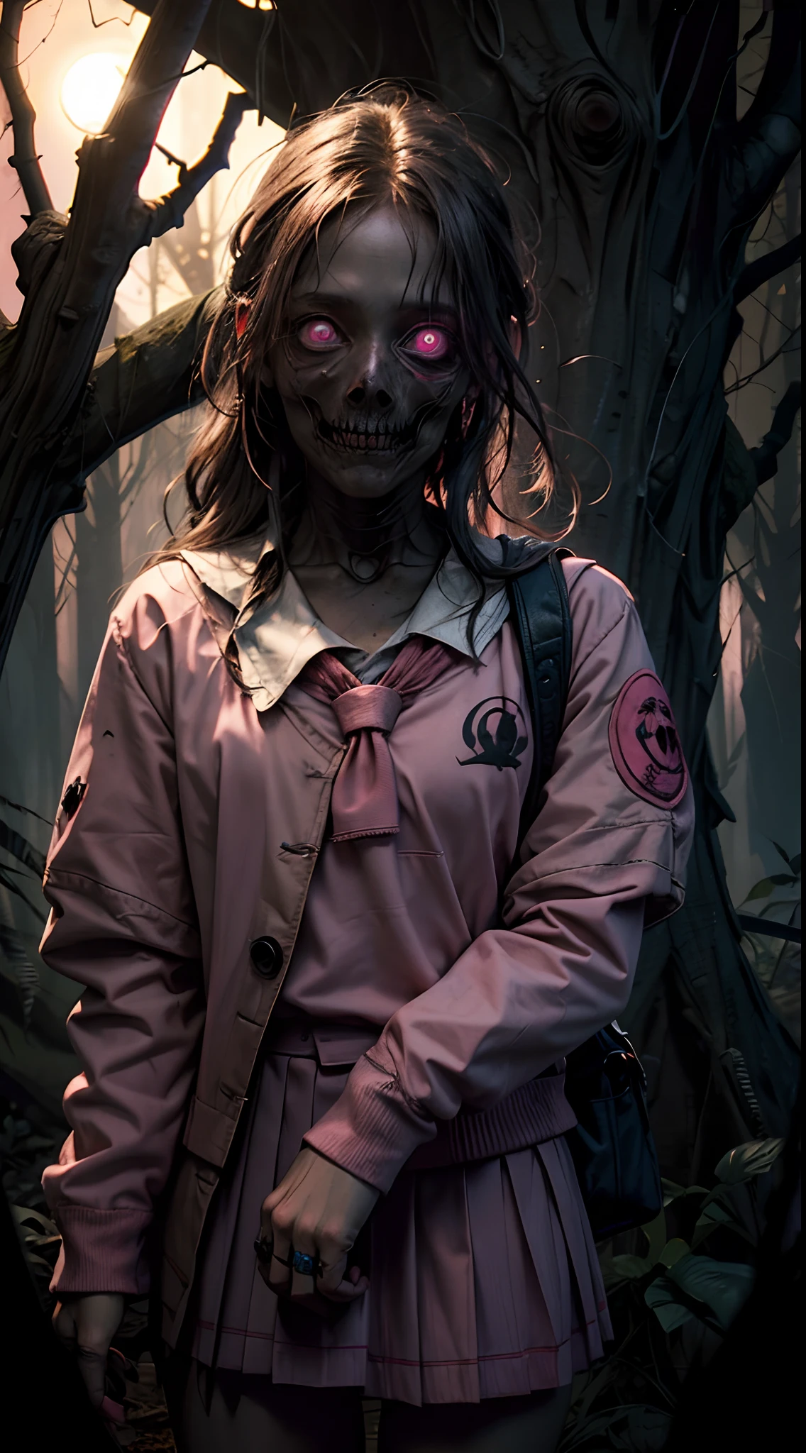 creepy girl, (pink school uniform:1.4), spooky woods, lost in dark wood, (at night:1.2), monsters, glowing eyes, (flawless skin:1.2), DarkWoodsStyle