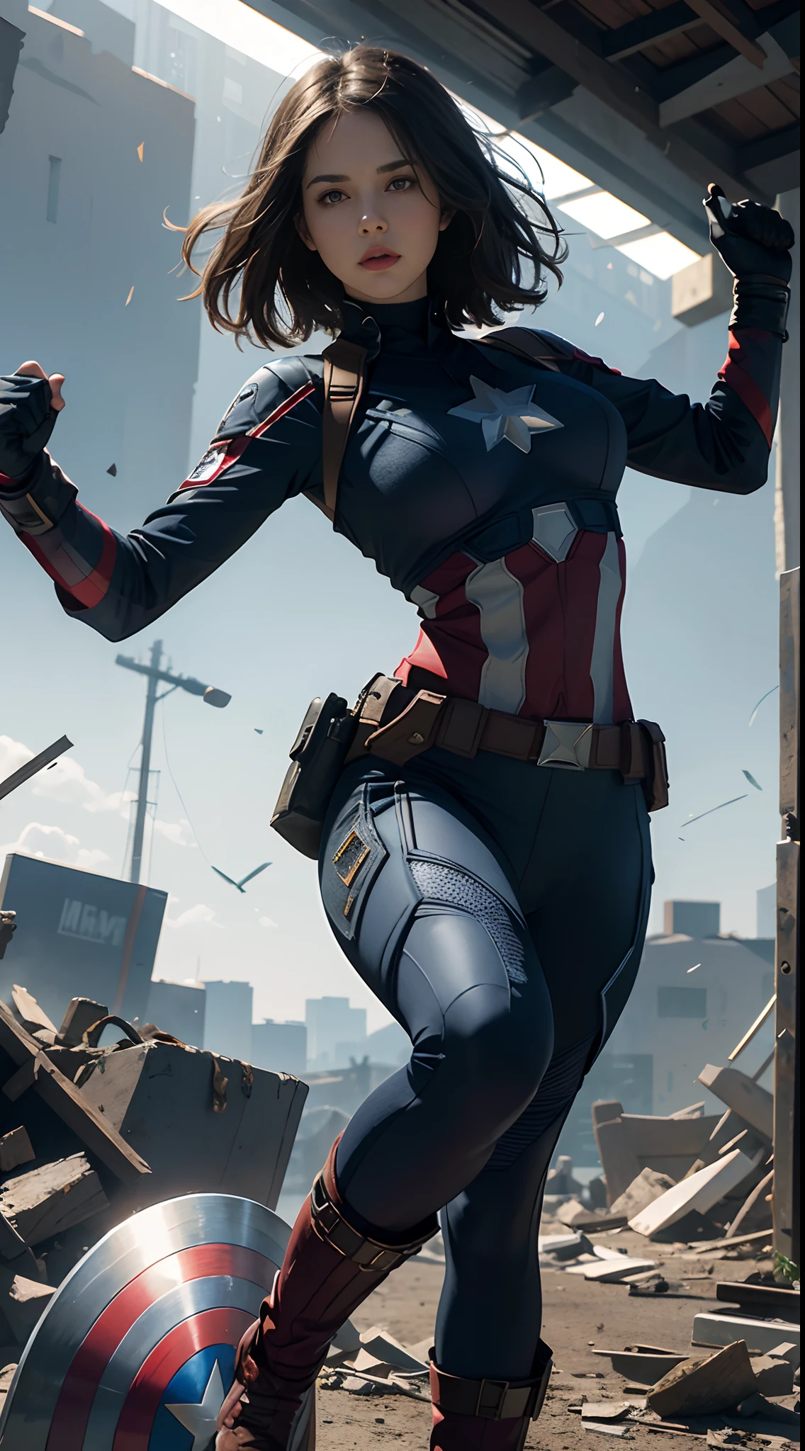 1girl, full body shot, Haley atwell as Captain America (from MCU), ((wearing Captain America suit)),  look at viewer, dynamic pose, (random angles), (masterpiece, best quality, detailed cloth texture, beautiful detailed face, intricate details, ultra detailed),  curly black hair, short hair, crumbling debris,epic battle,shattered glass,flying debris,studio lighting,colorful comic book style,superhero action,shadow and light interplay,contrasting colors,emotive art style, (Best quality, A high resolution, Photorealistic, primitive, 8K,Masterpiece, ),Best quality, Masterpiec8K.hdr. High ribs:1.2, filmgrain, Blur bokeh:1.2, Lens flare, (vivd colour:1.2), (Delicate),