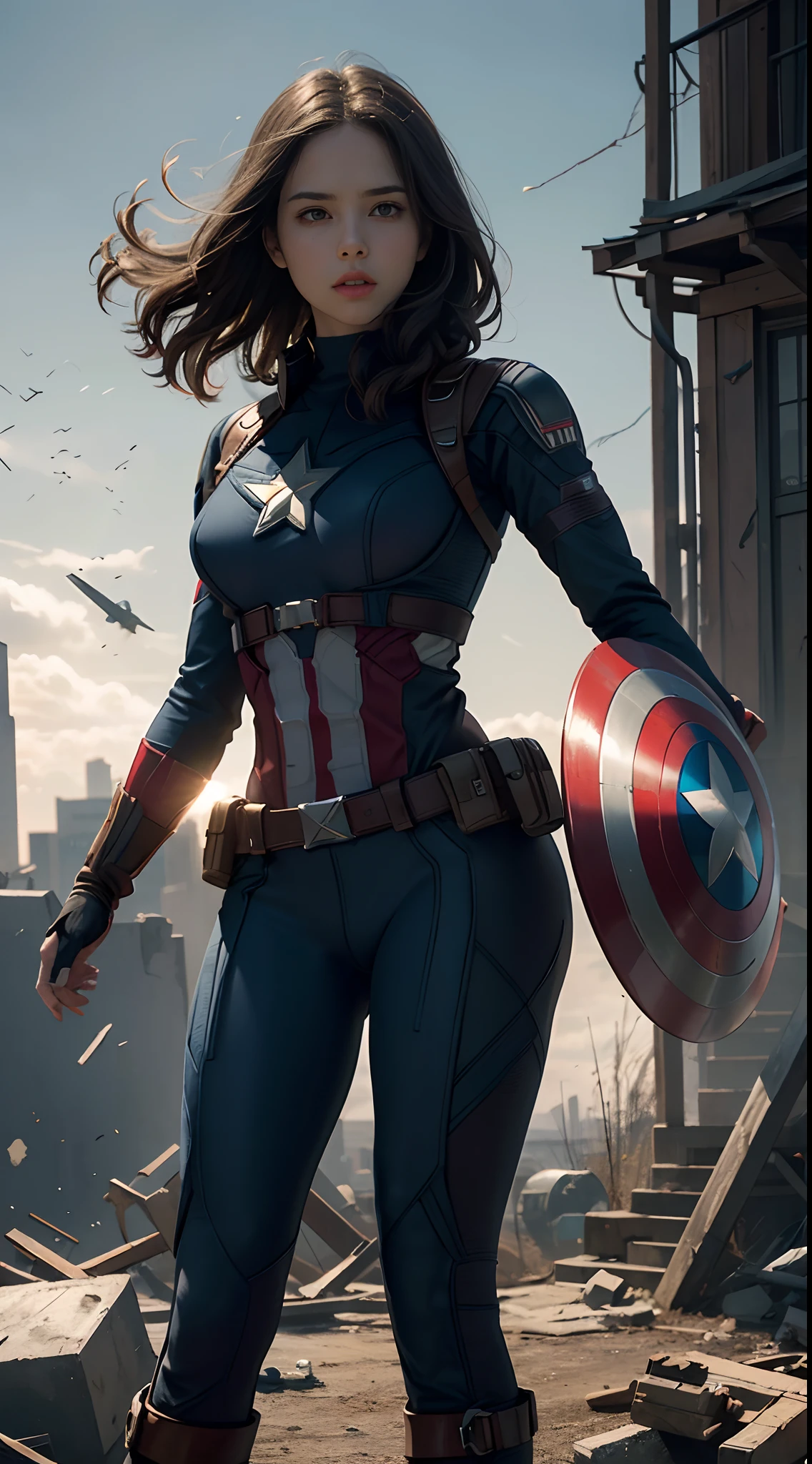 1girl, full body shot, Haley atwell as Captain America (from MCU), ((wearing Captain America suit)),  look at viewer, dynamic pose, (random angles), (masterpiece, best quality, detailed cloth texture, beautiful detailed face, intricate details, ultra detailed),  curly black hair, short hair, crumbling debris,epic battle,shattered glass,flying debris,studio lighting,colorful comic book style,superhero action,shadow and light interplay,contrasting colors,emotive art style, (Best quality, A high resolution, Photorealistic, primitive, 8K,Masterpiece, ),Best quality, Masterpiec8K.hdr. High ribs:1.2, filmgrain, Blur bokeh:1.2, Lens flare, (vivd colour:1.2), (Delicate),