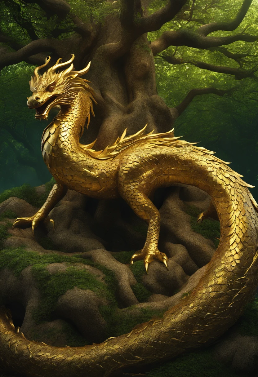 create at an image of the "Tree of Life", with a golden Chinese dragon wrapped around the trunk. The tree has lush green leaves, and the roots go deep into the ground. The Chinese dragon has golden scales, and it's looking up at the leaves of the tree.