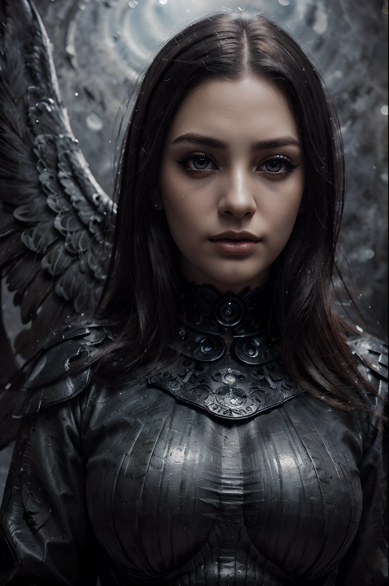 (dark angel,black wings,beautiful detailed eyes,beautiful detailed lips,extremely detailed eyes and face,long eyelashes),(oil painting,highly textured),(mysterious background,moonlight),(best quality,ultra-detailed,realistic:1.37),(portraits,dark fantasy),(cool toned,subtle shadows),(soft lighting)