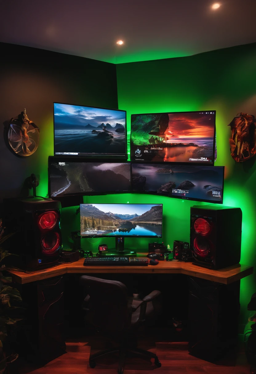 pc gaming studio setup, rgb lighting, multiple monitors