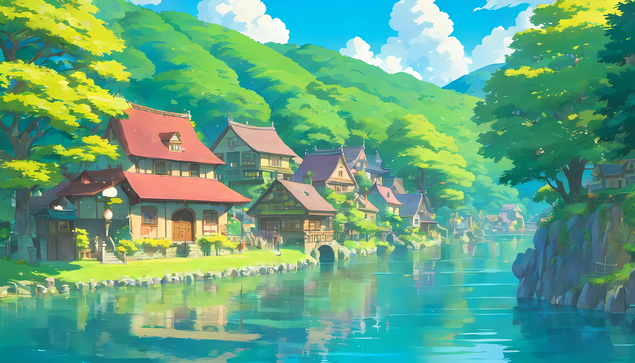 A lake beside a village, anime, ghibli style,