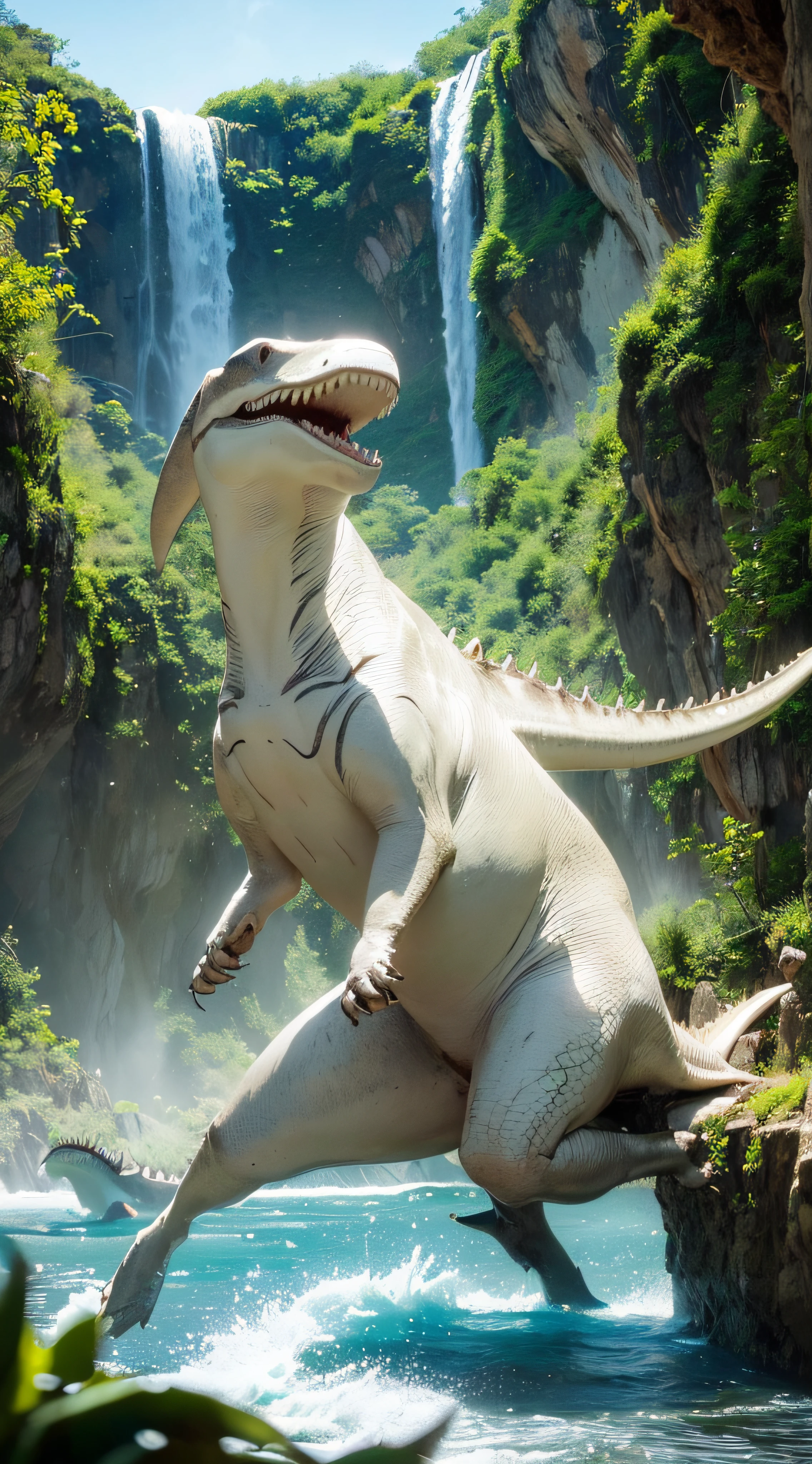 (extremadamente detallado, obra maestra, La mejor calidad, foto antigua, principios de siglo, VHS Aesthetics).(Gran mutante: white shark head and body of a T-Rex.)(jungla espesa), luz amanecer.