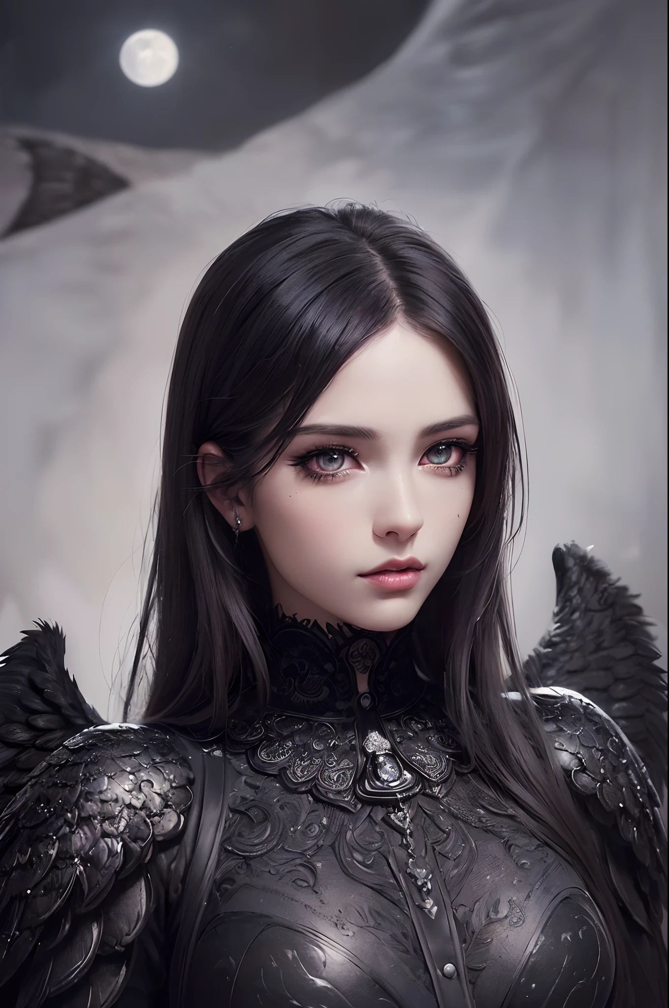 (dark angel,black wings,beautiful detailed eyes,beautiful detailed lips,extremely detailed eyes and face,long eyelashes),(oil painting,highly textured),(mysterious background,moonlight),(best quality,ultra-detailed,realistic:1.37),(portraits,dark fantasy),(cool toned,subtle shadows),(soft lighting)