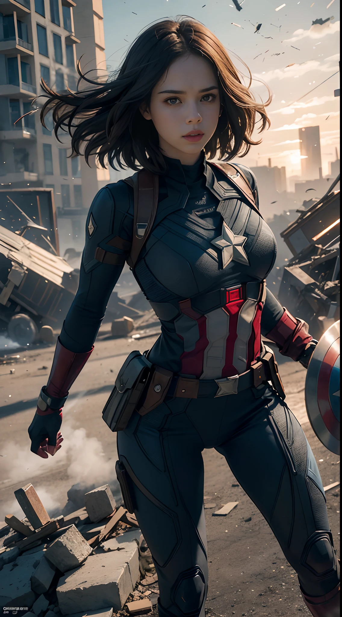 1girl, full body shot, Haley atwell as Captain America (from MCU), ((wearing Captain America suit)),  look at viewer, dynamic pose, (random angles), (masterpiece, best quality, detailed cloth texture, beautiful detailed face, intricate details, ultra detailed),  curly black hair, short hair, crumbling debris,epic battle,shattered glass,flying debris,studio lighting,colorful comic book style,superhero action,shadow and light interplay,contrasting colors,emotive art style, (Best quality, A high resolution, Photorealistic, primitive, 8K,Masterpiece, ),Best quality, Masterpiec8K.hdr. High ribs:1.2, filmgrain, Blur bokeh:1.2, Lens flare, (vivd colour:1.2), (Delicate),