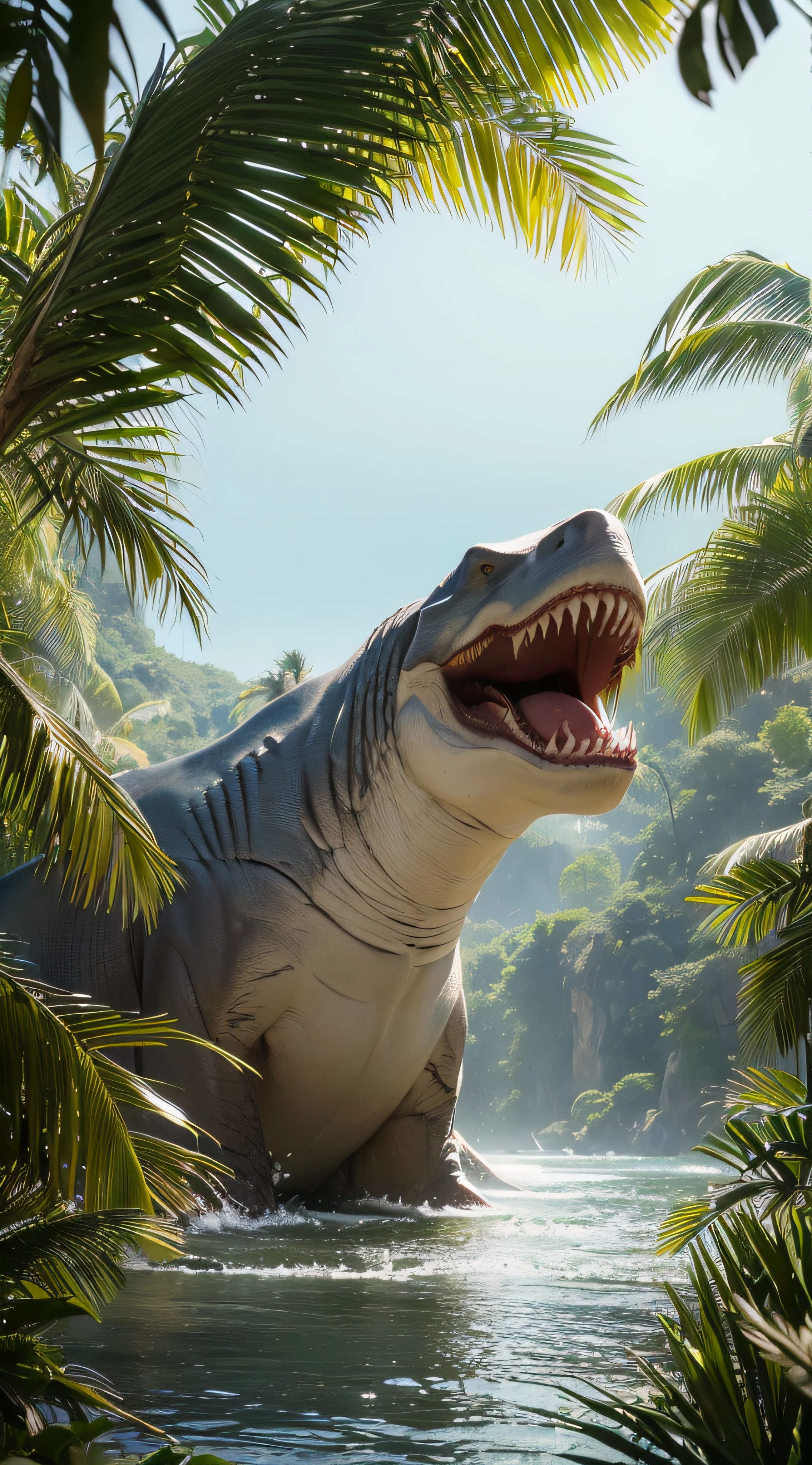 (extremadamente detallado, obra maestra, La mejor calidad, foto antigua, principios de siglo, VHS Aesthetics).(Gran mutante: white shark head and body of a T-Rex.)(jungla espesa), luz amanecer.
