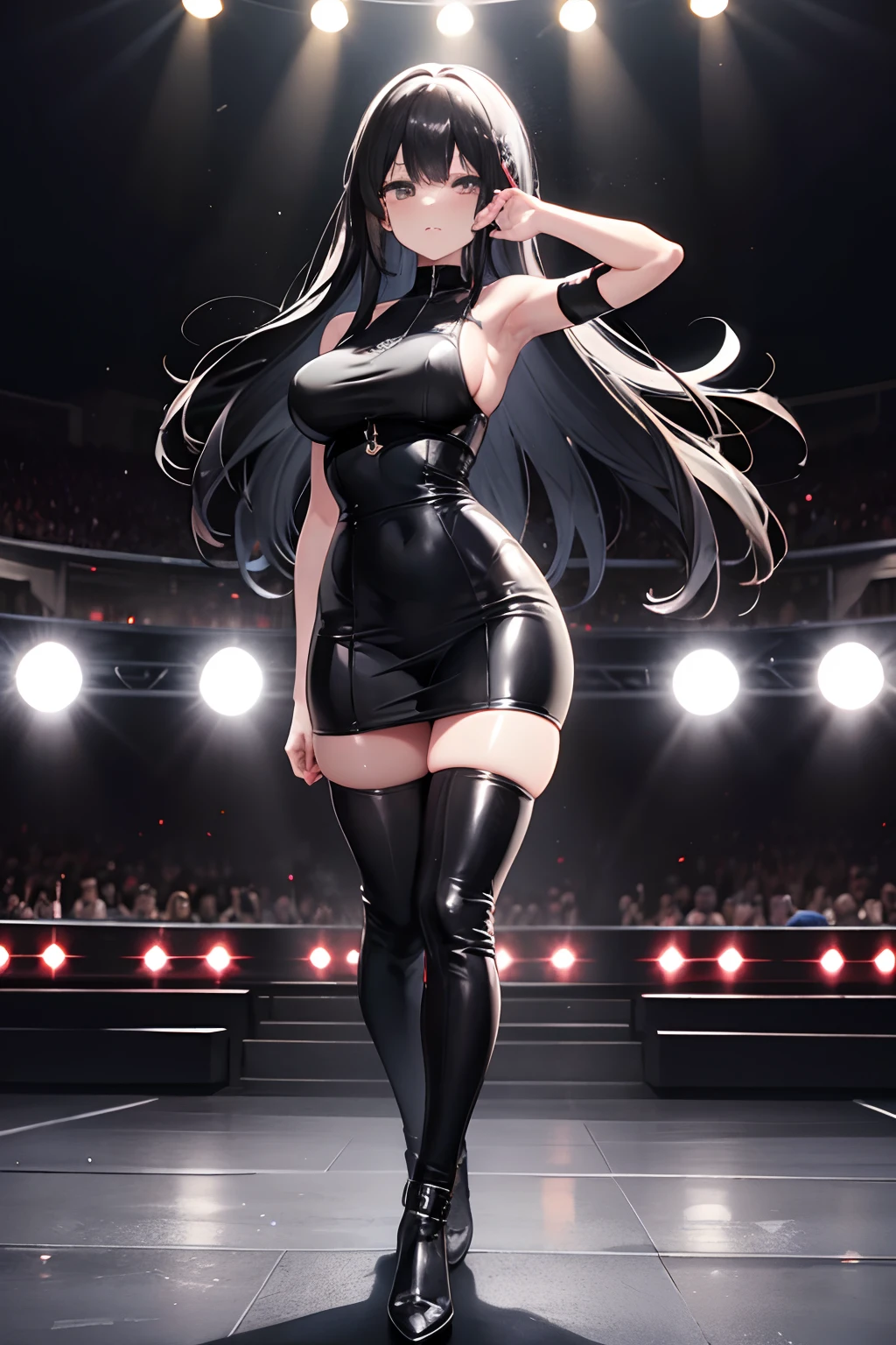Black hair, bang hair, long hair, girl, leather dress, wide hips, sweat, full body, concert