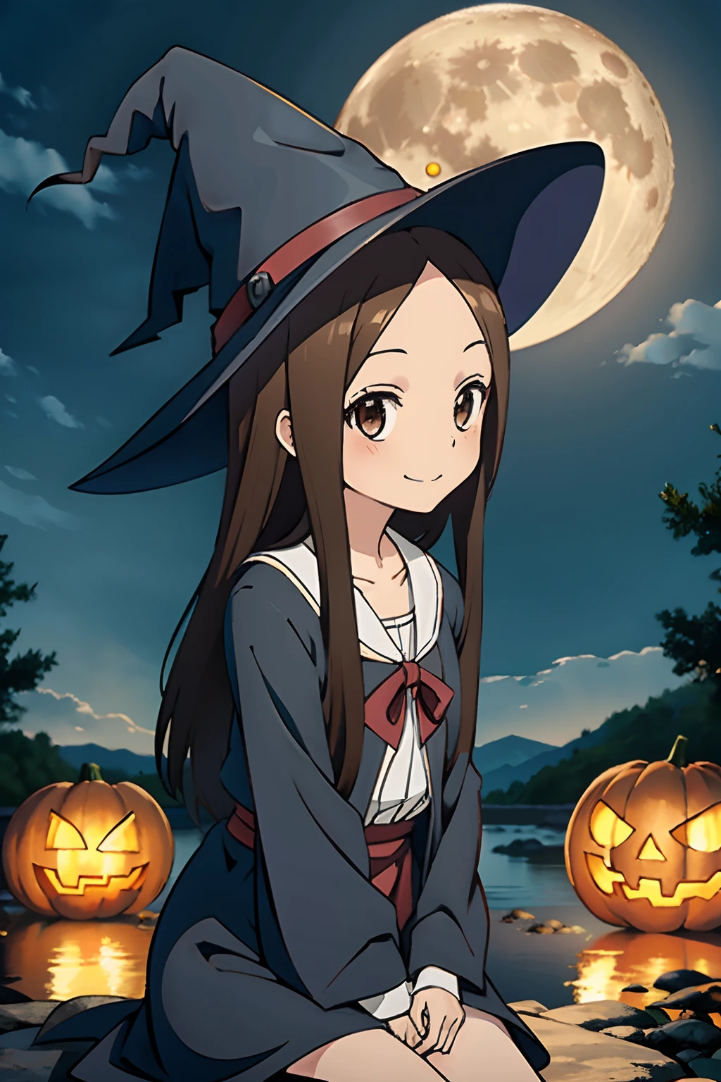 (Realistic),(Photorealistic),Takagi_San, 1girl in, Long hair,((Witch's attire)), Black pointy hat,Brown hair, Part bangs, Brown eyes, black robes,Long sleeves, Smile, Looking at Viewer,((Sit on a broom in the air)), masutepiece,Full body,Witch Cosplay, Best Quality, the Extremely Detailed CG Unity 8K Wallpapers,Smile,natta,((Big full moon in the background)),(Lots of jack lanterns), A flock of small bats in flight,Halloween,Fantasy, breezing, magic sparks,