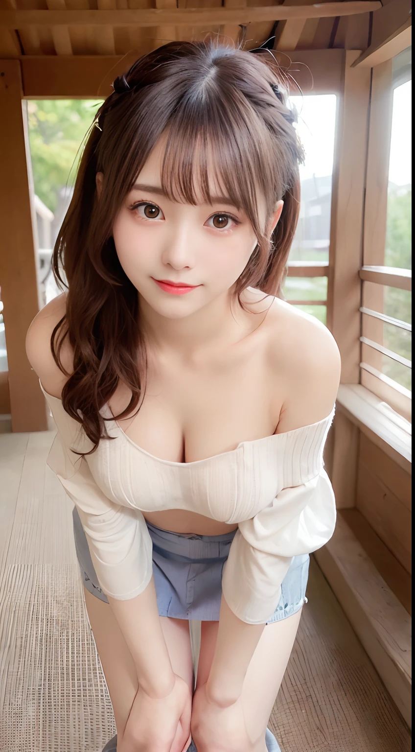 masutepiece, Best Quality,
Ultra-detailed, finely detail, hight resolution, in 8K,
((Photorealsitic:1.4, Raw photography, 超A high resolution,Top image quality: 1.4)),
Wallpaper,
((Perfect whole body configuration1.5)),
Beautiful detailed eyes, Natural Color Lip,
((a serene smile:1.5)),
((Random and cute hairstyles)),
((off-shoulder knit:1.5)),
((Random breast sizes from large to medium、cleavage of the breast:1.2)),
((Leaning forward in open-chested clothes:1.5)),
((Wear random and cute skirts:1.5)),
((breastsout、under look eyes、Mole on the arm:0.9)),
((peer in from below)),
((Random blurry background)),
((Random and cute facial expressions)),,
((((1 female:1.5))))
very detailed and professional lighting、
((Random and cute facial expressions:1.5))、
((thigh visible:1.5))