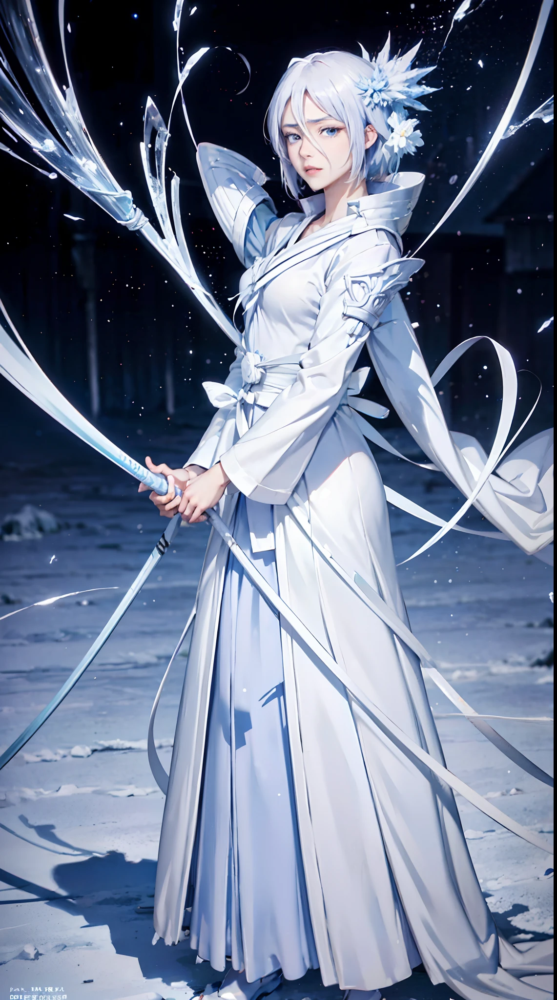 A digital art of Rukia Kuchiki, Bankai form(Hakka no Togame), from anime Bleach, standing, Full body, white hair, light blue eyes, frozen katana, ice particles, snowflakes, hyper detailed, hyper realistic, look at the the viewer, 4k, wide depth of field, radiant mapping, high dynamic range, masterpiece.