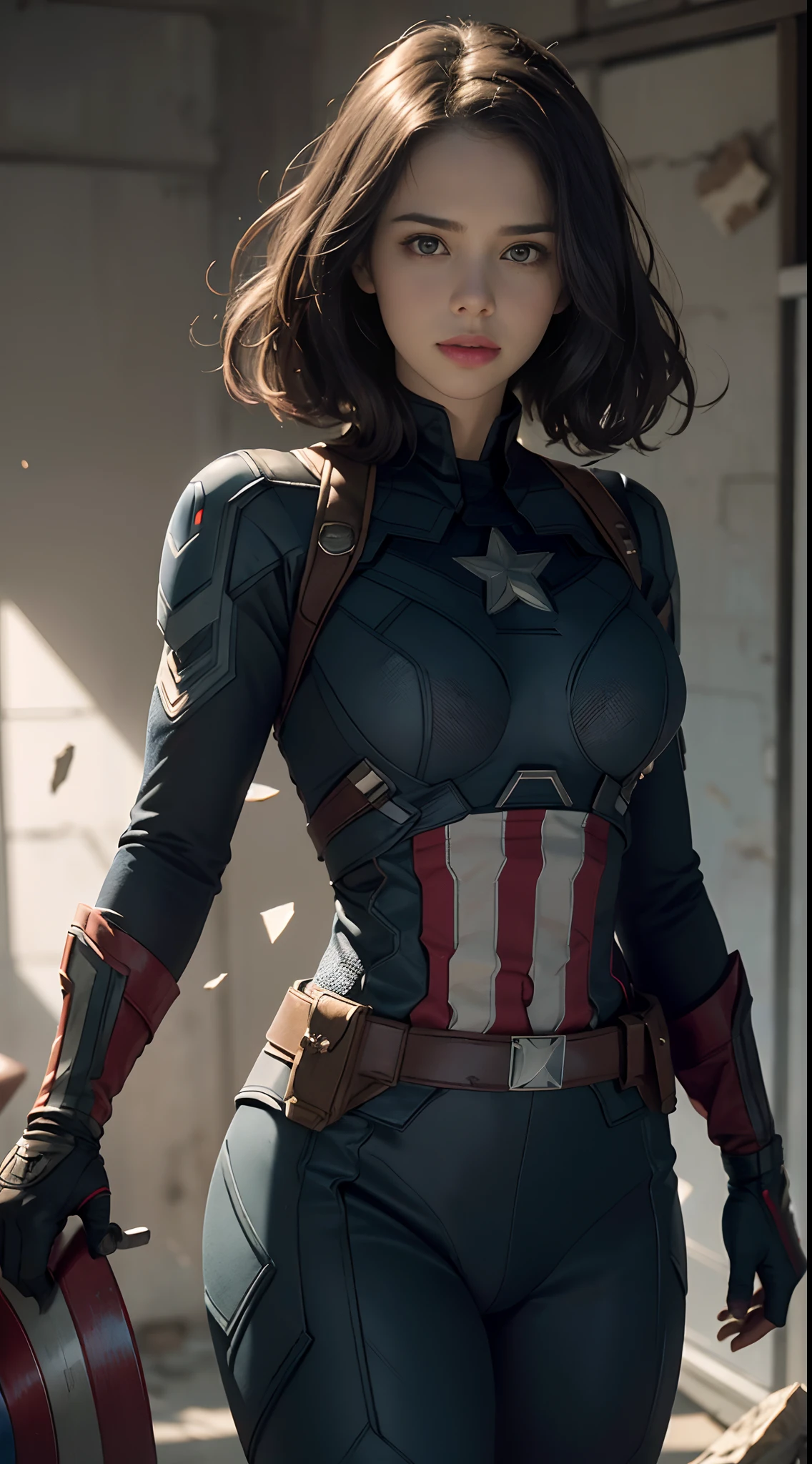 1girl,  Haley atwell as Captain America (from MCU), ((wearing Captain America suit)),  look at viewer, smile, dynamic pose, (random angles), (masterpiece, best quality, detailed cloth texture, beautiful detailed face, intricate details, ultra detailed),  curly black hair, short hair, crumbling debris,epic battle,shattered glass,flying debris,studio lighting,colorful comic book style,superhero action,shadow and light interplay,contrasting colors,emotive art style, (Best quality, A high resolution, Photorealistic, primitive, 8K, ),Best quality, Masterpiec8K.hdr. High ribs:1.2, filmgrain, Blur bokeh:1.2, Lens flare, (vivd colour:1.2), (Delicate),