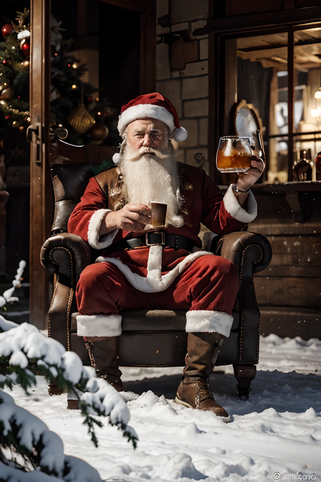 An epic image depicting Santa Claus, and brave-looking. He's sitting on his throne , Holding a bag of gifts in his left hand and a glass of beer in his right hand and smoking a pipe], com um olhar imponente. Ao seu redor, Slaves working in the background of the scenery, transmitindo medo e respeito.