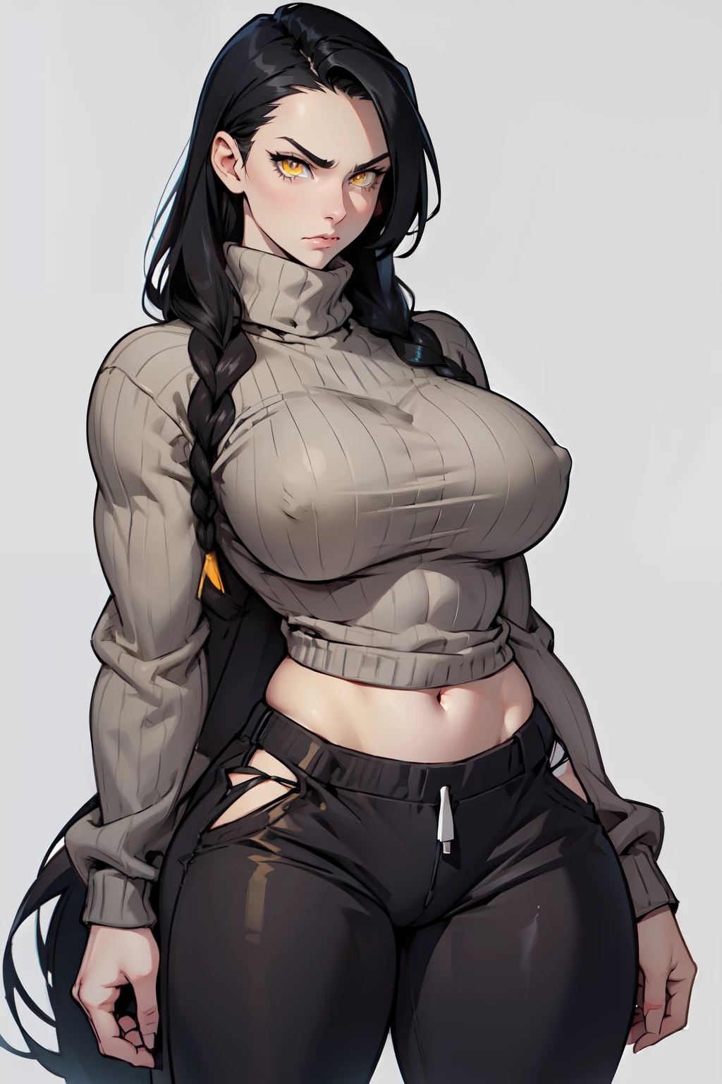 ((grey background)) 1girl black hair yellow eyes very long hair pale skin angry ((muscular toned body)) thick thighs huge breasts curvy wide hips sweater sweatpants