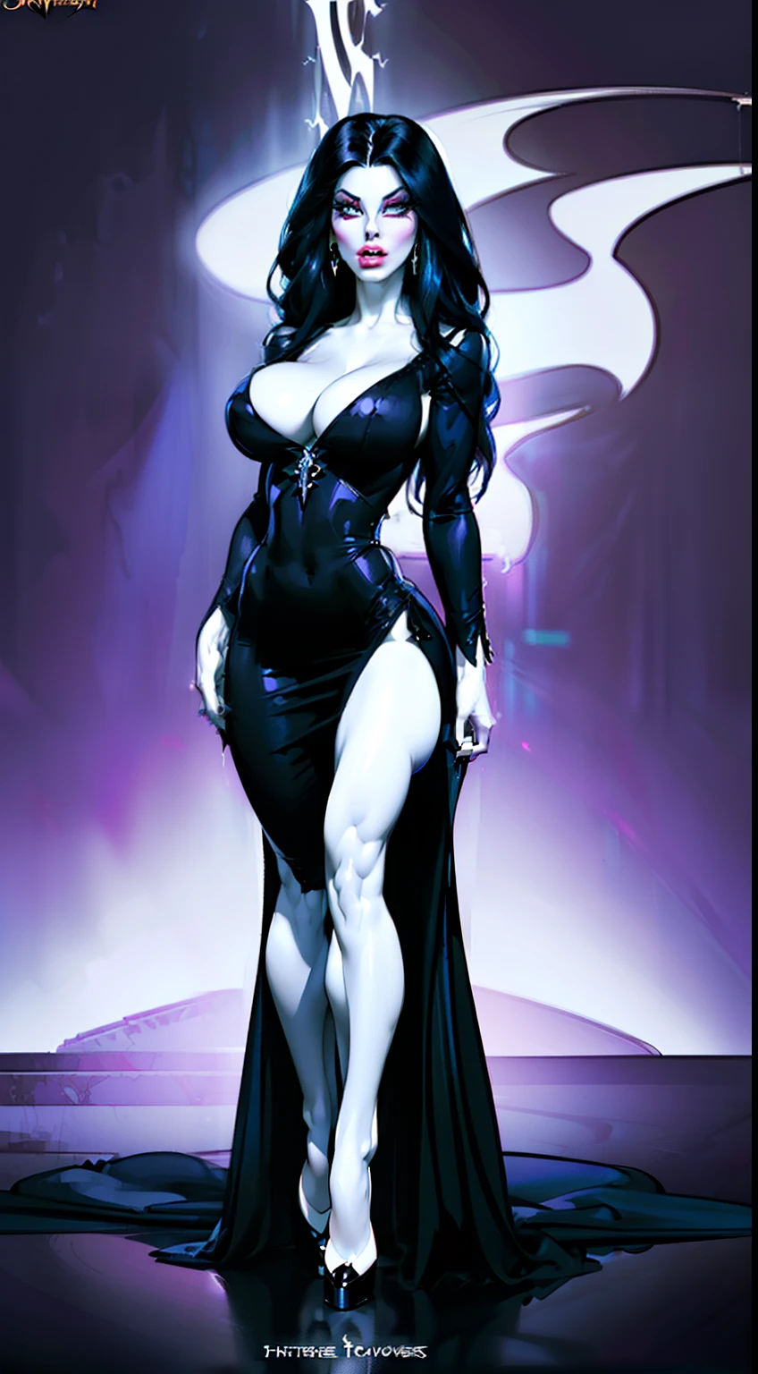 ((full body view:1.2)), ((Elvira The Mistress of Darkness)) (Cassandra Peterson), (pale skin:1.2), (white skin:1.5), ((front view:1.3)), pale face, (puffy lips:1.4),,(black dress), ((long dress over legs:1.3)), ((dress covers legs:1.1)), (gigantic breasts:1.4), design sheet, masterpiece, (slendered abs:1.2) ,detailed , shiny skin, beautiful lighting from the side, harsh light,epic pose, dynamic movie poster